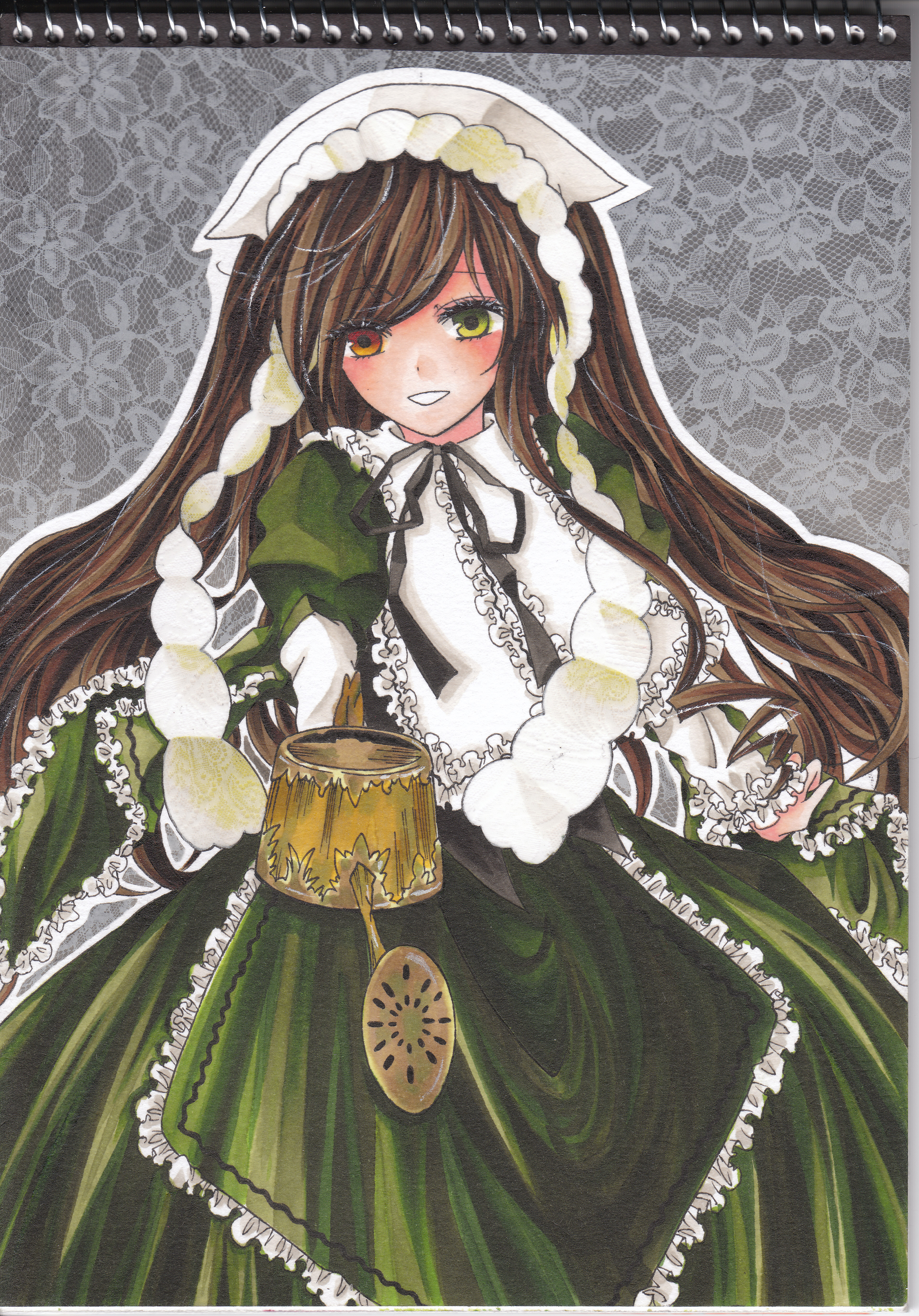 iris (riba), suiseiseki, rozen maiden, absurdres, bad id, bad pixiv id, highres, marker (medium), traditional media, 00s, brown hair, dress, frills, green eyes, hat, headscarf, heterochromia, long hair, solo, very long hair, watering can, white headscarf