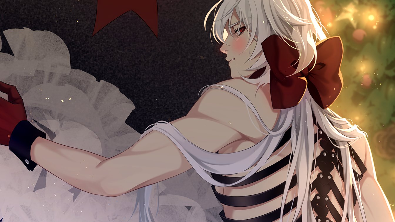 casper (a date with death), a date with death, clothing request, official art, promotional art, 1boy, backlighting, black gloves, black shirt, blush, bow, christmas tree, gloves, grey jacket, hair bow, jacket, jellyfish cut, lace, light particles, looking at viewer, looking back, male focus, muscular, muscular male, no shirt, red gloves, shirt, short hair, sleeveless, sleeveless shirt, solo, upper body, white hair, wrist cuffs