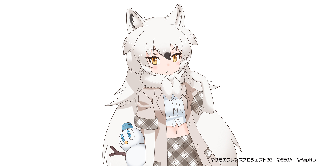arctic wolf (kemono friends), kemono friends, kemono friends 3, official art, 1girl, animal ears, copyright name, elbow gloves, extra ears, gloves, grey hair, jacket, long hair, looking at viewer, scarf, shirt, simple background, skirt, snowman, solo, wolf ears, wolf girl, yellow eyes, yoshizaki mine (style)