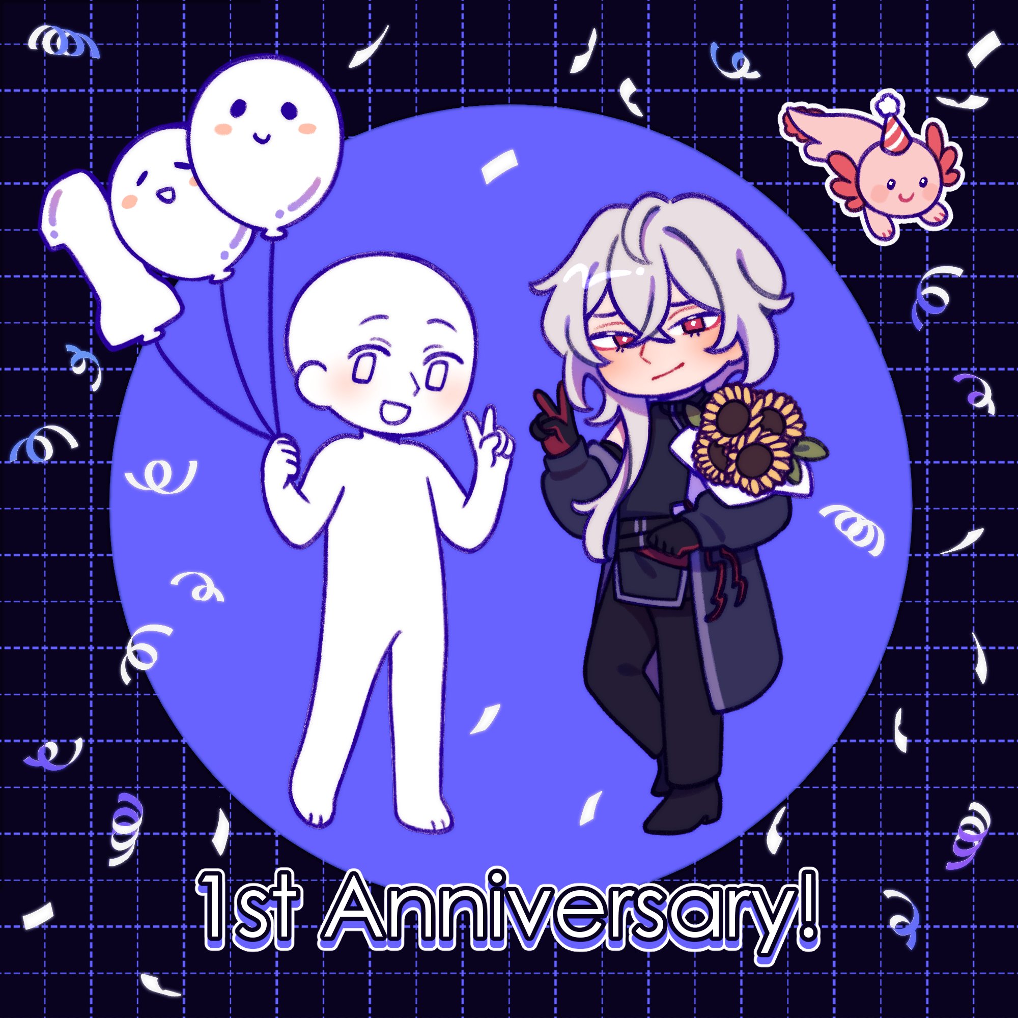 casper (a date with death), a date with death, highres, official art, promotional art, 1boy, 1other, axolotl, black gloves, black jacket, black shirt, blush, bouquet, confetti, flower, full body, gloves, grid background, hair between eyes, hair over shoulder, happy anniversary, holding, holding bouquet, jacket, jacket partially removed, jellyfish cut, male focus, number balloon, red eyes, shirt, sleeveless, sleeveless shirt, smile, standing, sunflower, v, viewer self-insert, white hair