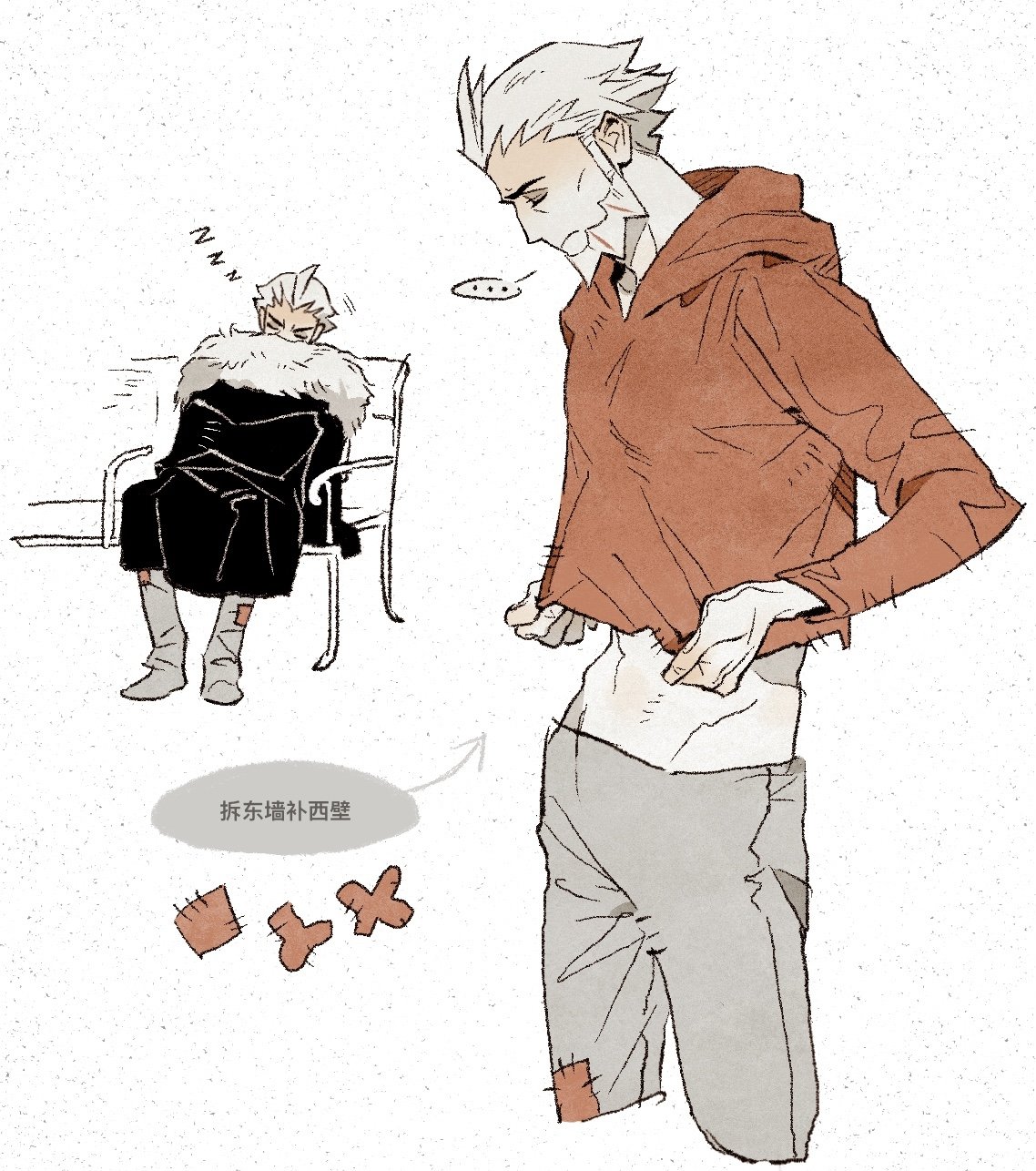 luye unknows, l (pokemon), lysandre (pokemon), nintendo, pokemon, pokemon legends: z-a, commentary, english commentary, highres, mixed-language commentary, translation request, …, 1boy, beard, black coat, chinese text, closed eyes, closed mouth, coat, cropped legs, facial hair, frown, fur-trimmed coat, fur trim, grey pants, hood, hood down, hooded shirt, long sleeves, male focus, midriff, multiple views, pants, patchwork clothes, red shirt, shirt, simple background, sitting, sleeping, speech bubble, spoken ellipsis, white background, white fur, white hair, zzz