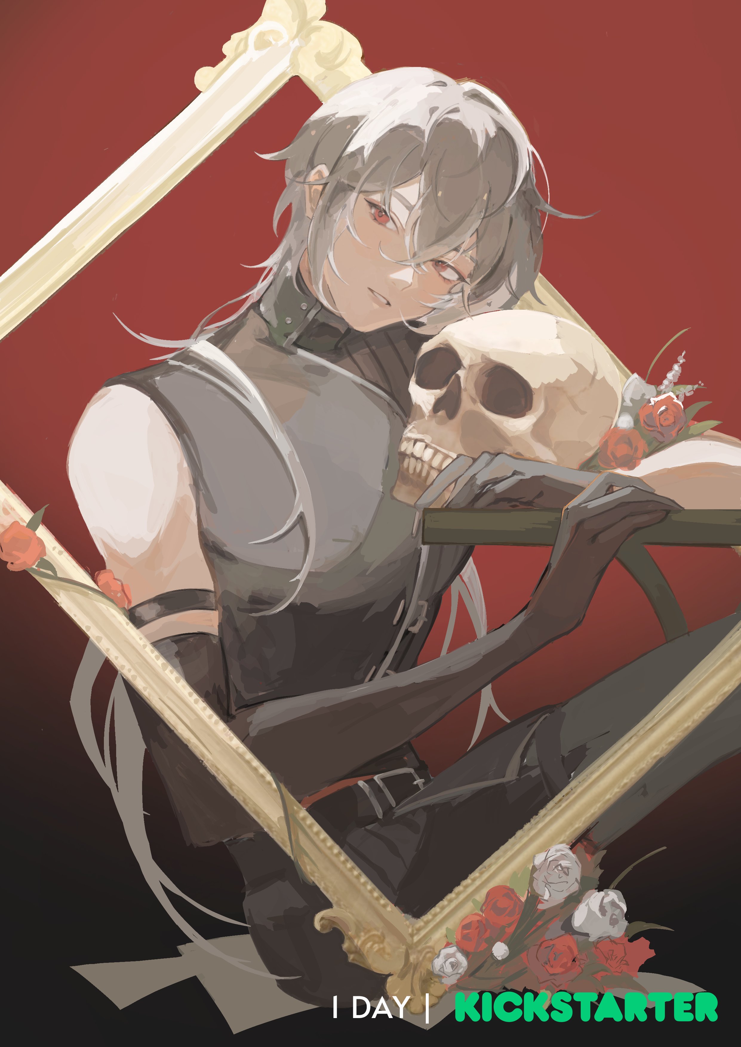 casper (a date with death), a date with death, absurdres, highres, official art, promotional art, 1boy, black gloves, black shirt, countdown, elbow gloves, flower, foot out of frame, gloves, hair over shoulder, head tilt, jellyfish cut, looking at viewer, male focus, painterly, parted lips, portrait (object), red eyes, red flower, red rose, rose, shirt, sitting, skull, sleeveless, sleeveless shirt, solo, table, through medium, white flower, white hair, white rose