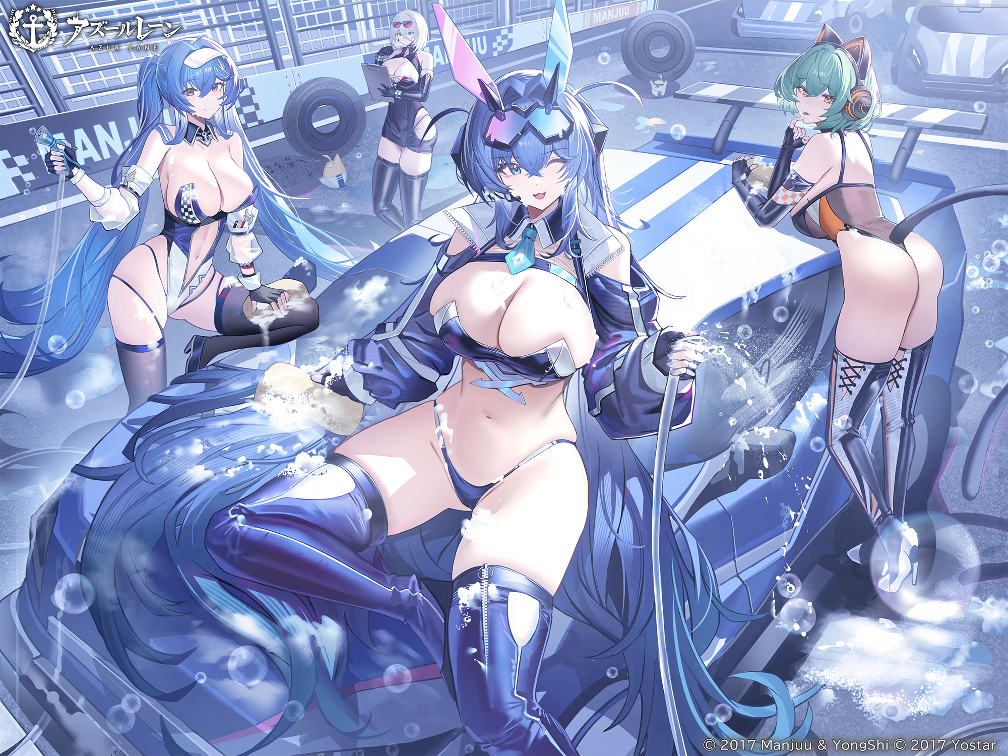 essex (azur lane), new jersey (azur lane), tirpitz (azur lane), azur lane, character request, highres, official art, blue panties, bubble, car, holding, holding hose, hose, motor vehicle, navel, official alternate costume, one eye closed, panties, race queen, race vehicle, racecar, underwear, wheel