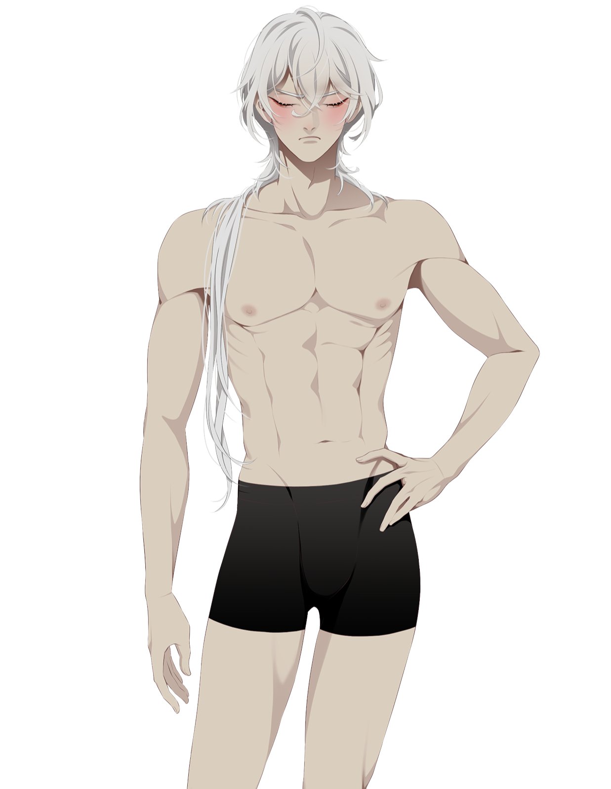 casper (a date with death), a date with death, highres, official art, promotional art, 1boy, abs, black shorts, blush, closed eyes, contrapposto, cowboy shot, frown, hair over shoulder, hand on own hip, jellyfish cut, male focus, muscular, muscular male, no shirt, pectorals, shorts, solo, strongman waist, white hair