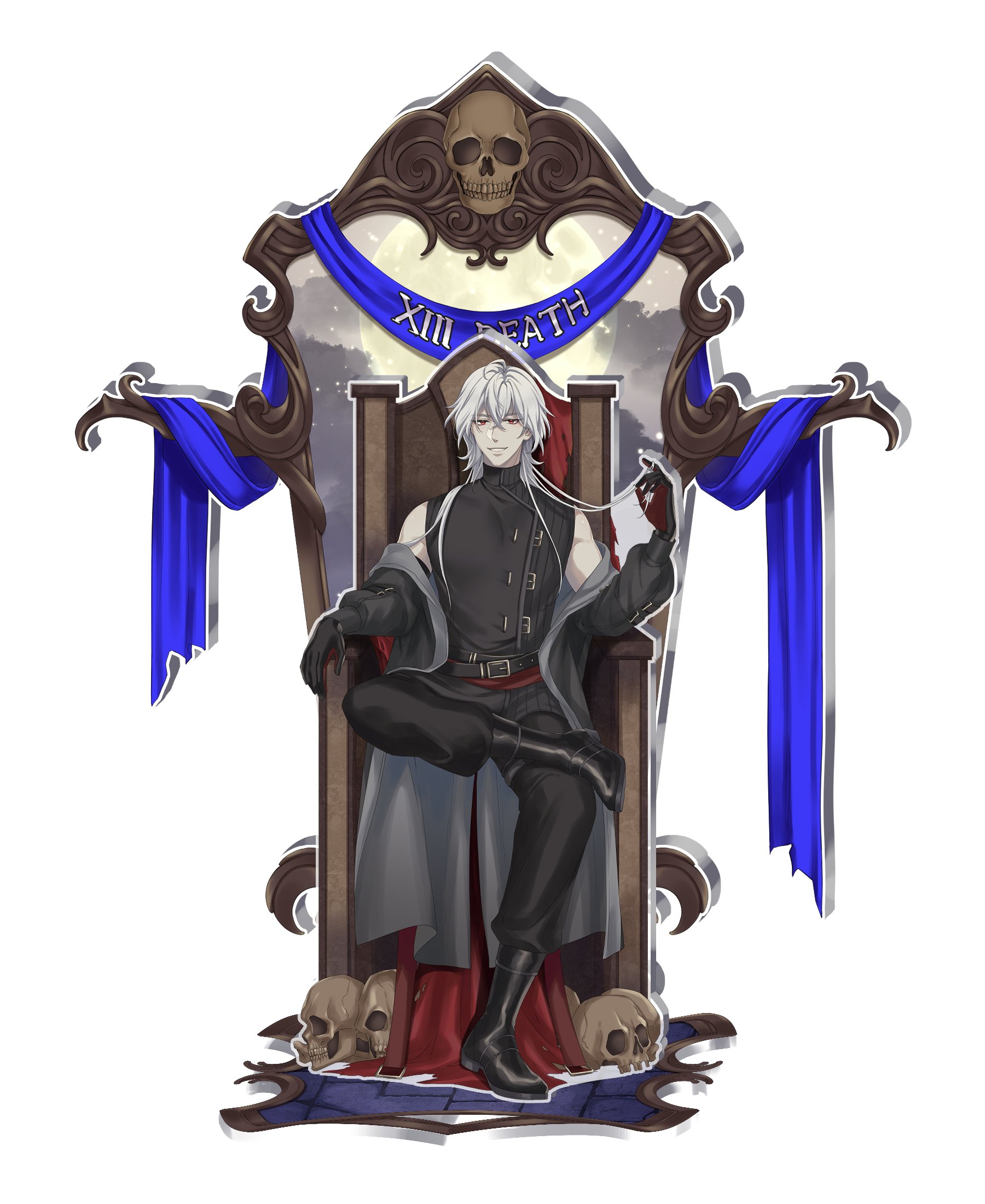 casper (a date with death), a date with death, highres, official art, promotional art, 1boy, black boots, black gloves, black jacket, black shirt, blue ribbon, boots, death (tarot), elbow rest, figure four sitting, full body, gloves, hair over shoulder, jacket, jacket partially removed, jellyfish cut, looking at viewer, male focus, playing with own hair, red eyes, ribbon, shirt, sitting, skull, sleeveless, sleeveless shirt, solo, tarot, throne, white hair