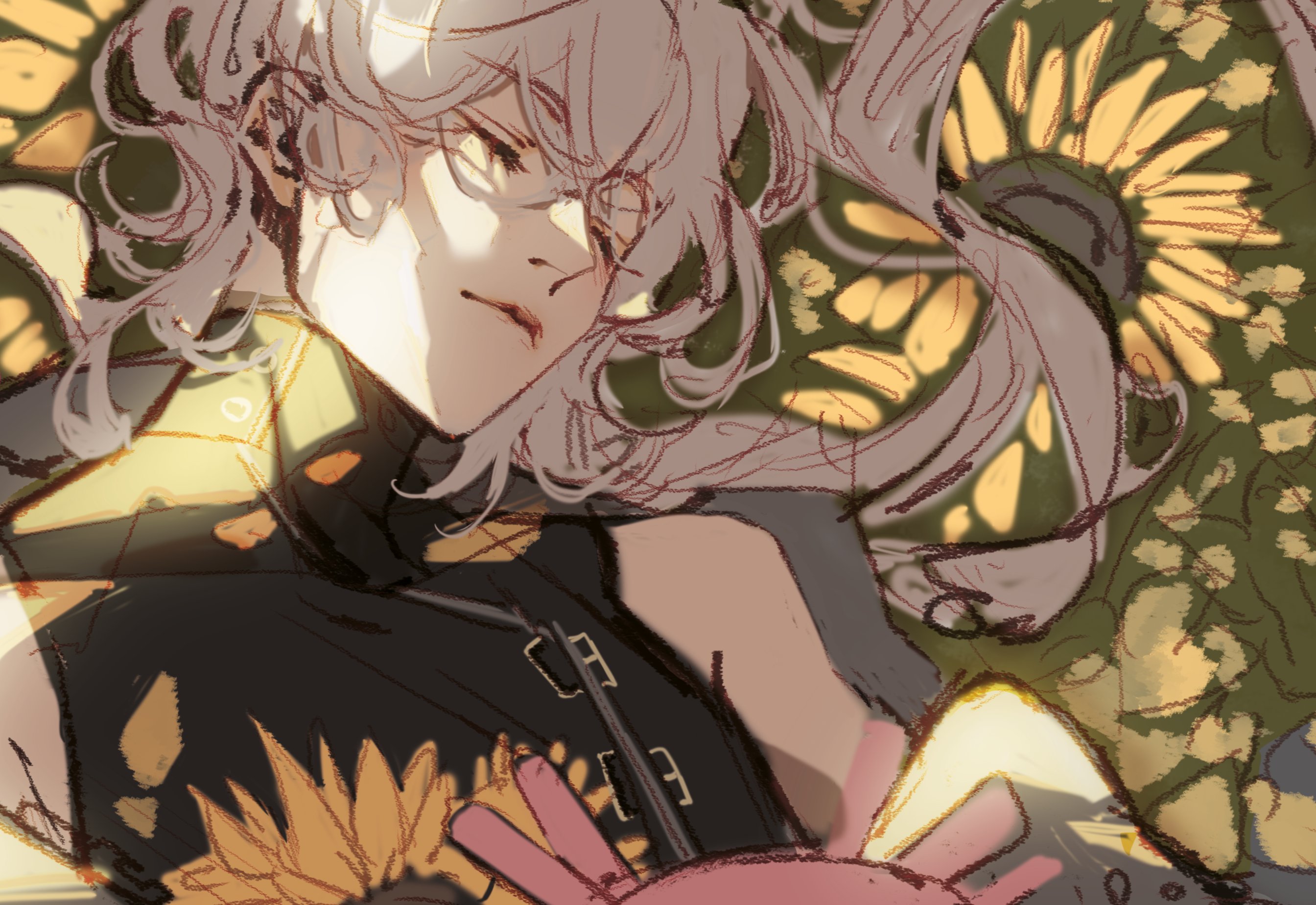 casper (a date with death), a date with death, highres, official art, promotional art, 1boy, axolotl, black shirt, closed eyes, dappled sunlight, flower, hair over shoulder, jellyfish cut, lying, male focus, on back, shirt, sleeping, sleeveless, sleeveless shirt, solo, stuffed animal, stuffed toy, sunflower, sunlight, upper body, white hair