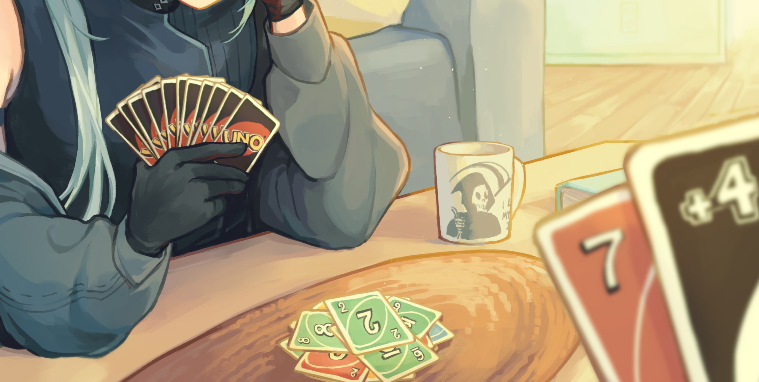 casper (a date with death), a date with death, uno (game), highres, official art, promotional art, 1boy, 1other, black gloves, black jacket, black shirt, blurry, blurry foreground, card, couch, cup, depth of field, elbow rest, gloves, hair over shoulder, holding, holding card, jacket, jacket partially removed, jellyfish cut, pov, pov hands, shirt, sleeveless, sleeveless shirt, table, white hair, wooden floor