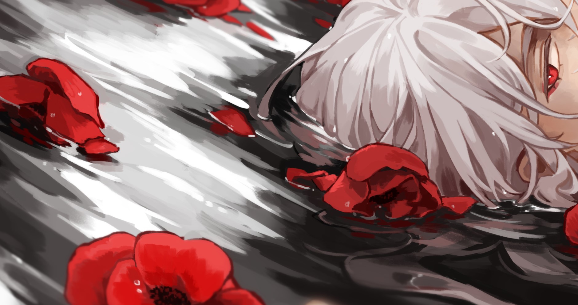 casper (a date with death), a date with death, highres, official art, promotional art, 1boy, aegyo sal, dutch angle, flower, hair over one eye, lying, male focus, on floor, on side, out of frame, portrait, puddle, red eyes, red flower, red rose, ripples, rose, solo, wading, white hair