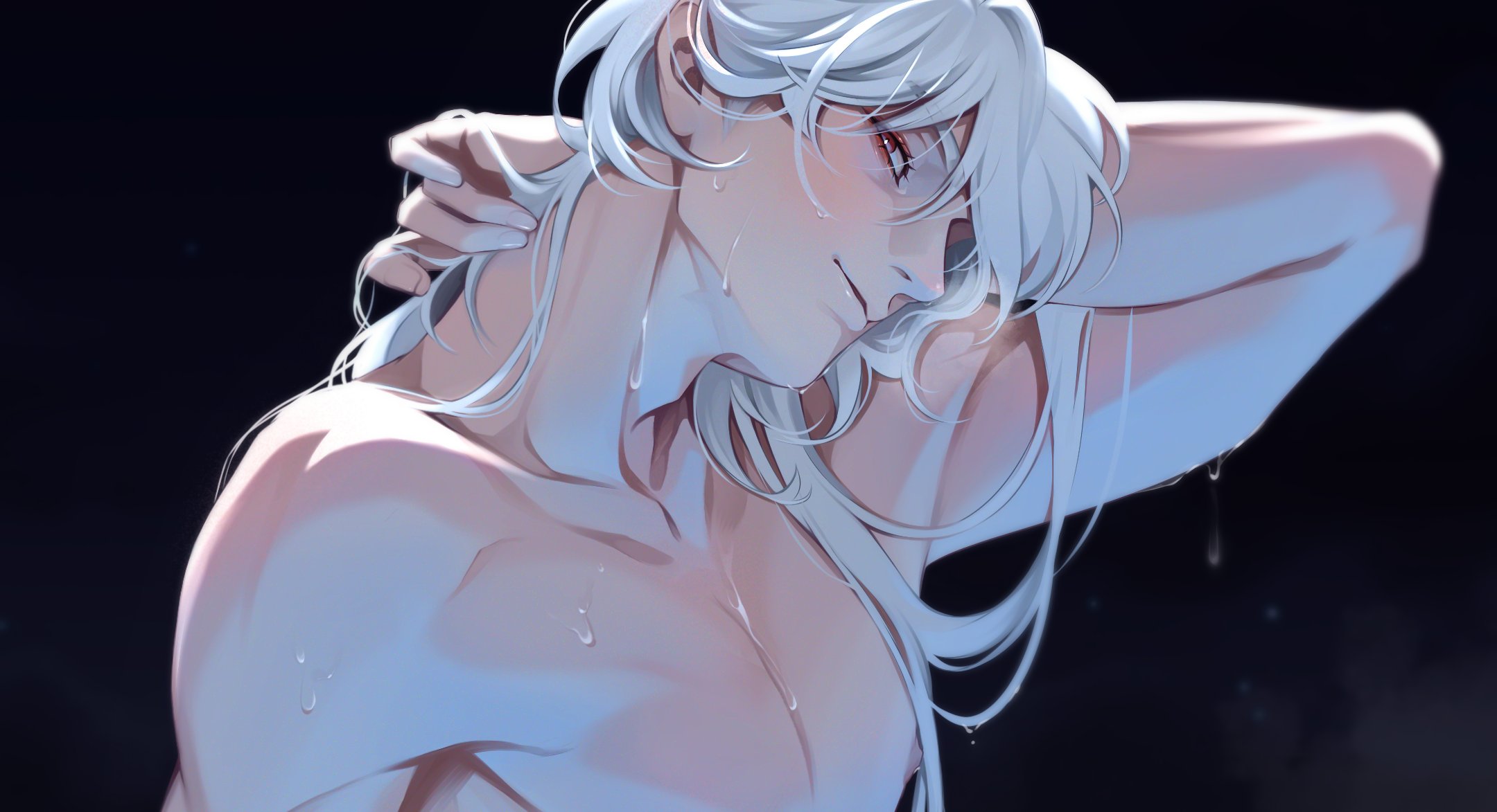 casper (a date with death), a date with death, highres, official art, paid reward available, promotional art, 1boy, aegyo sal, blush, hair over shoulder, head tilt, jellyfish cut, looking at viewer, male focus, muscular, muscular male, pectorals, red eyes, scratching neck, smirk, solo, sweatdrop, underlighting, upper body, white hair