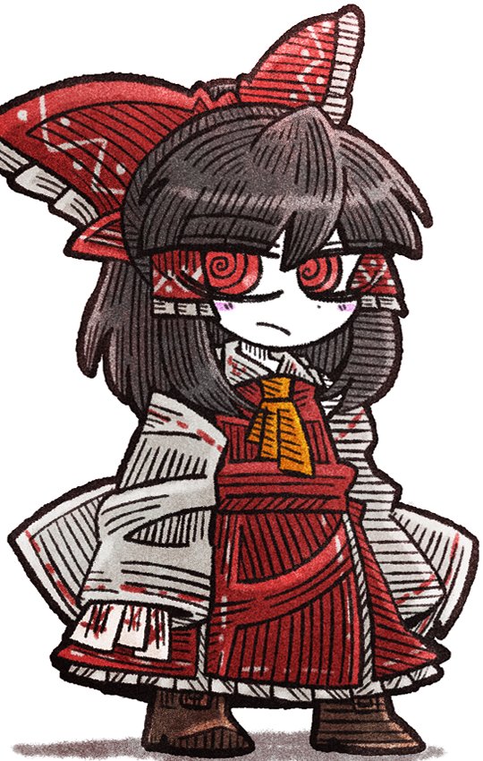 suenari (peace), hakurei reimu, touhou, 1girl, @ @, amulet, ascot, blush, blush stickers, boots, bow, brown boots, brown hair, chibi, chibi only, collar, detached sleeves, dress, frills, frown, hair bow, hair tubes, holding, medium hair, ponytail, red bow, red dress, red eyes, simple background, standing, white background, white collar, yellow ascot