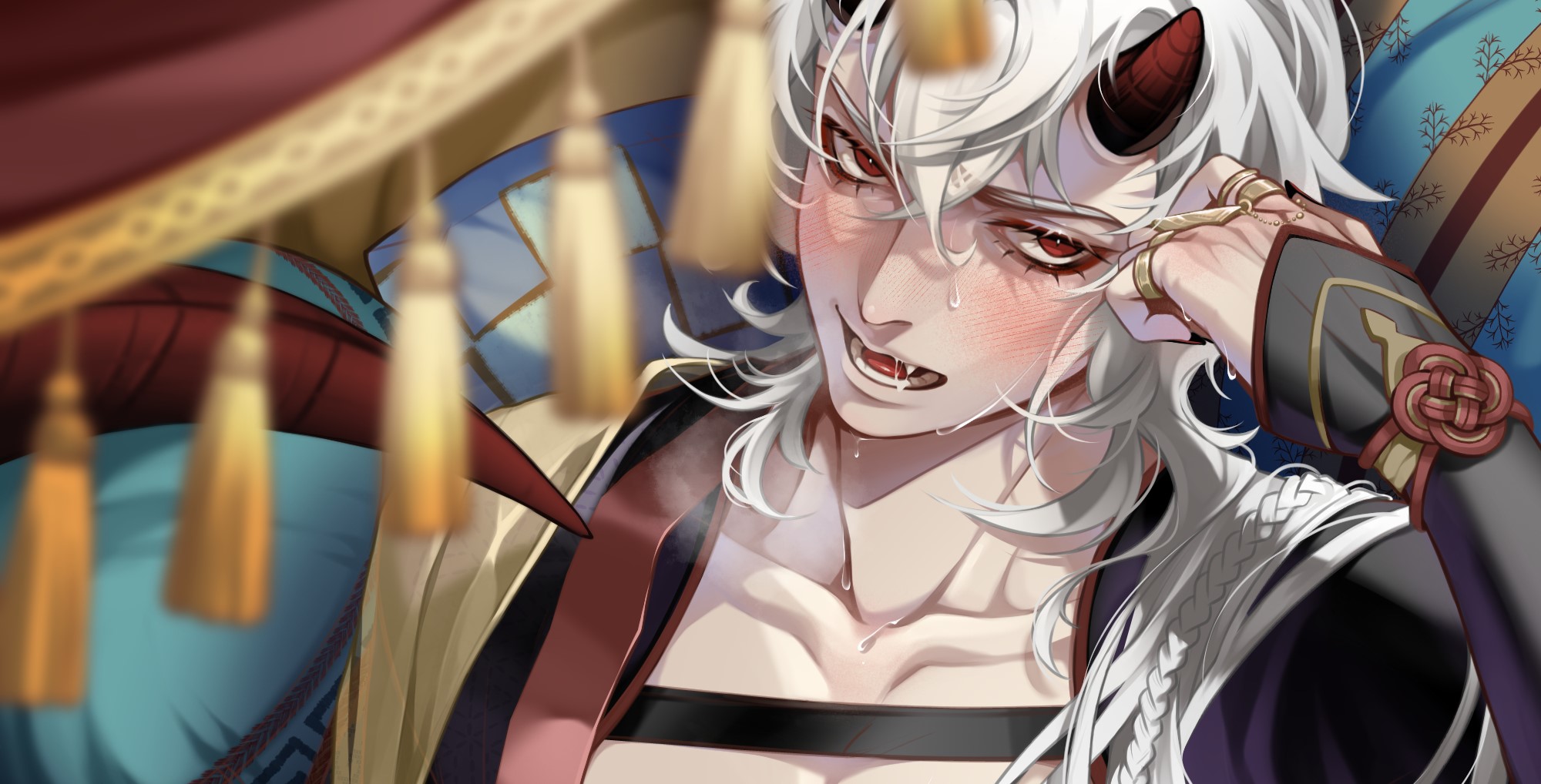 casper (a date with death), a date with death, clothing request, highres, official art, promotional art, aegyo sal, alternate costume, blurry, blurry foreground, blush, curtains, demon horns, hand on own face, head rest, horns, jewelry, looking at viewer, multiple rings, narrowed eyes, open mouth, ring, saliva, sweatdrop, tassel, upper body