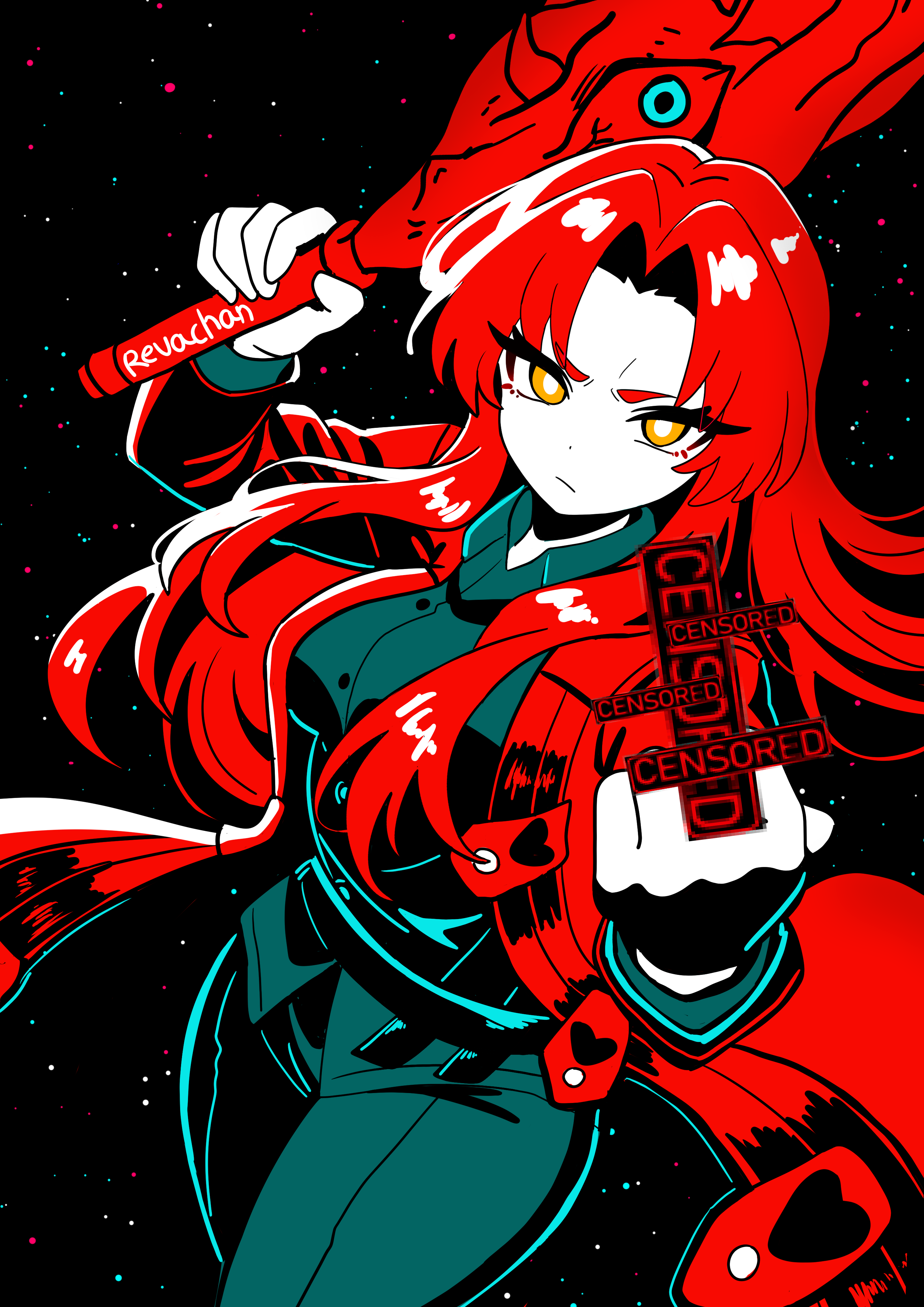 gebura (project moon), library of ruina, project moon, absurdres, highres, 1girl, black background, black pants, black shirt, breasts, buttons, censored, coat, collared shirt, cowboy shot, e.g.o (project moon), limited palette, long hair, looking at viewer, medium breasts, middle finger, mimicry (e.g.o), necktie, pants, parted bangs, red coat, red hair, red necktie, revachan, shirt, sidelocks, simple background, solo, very long hair
