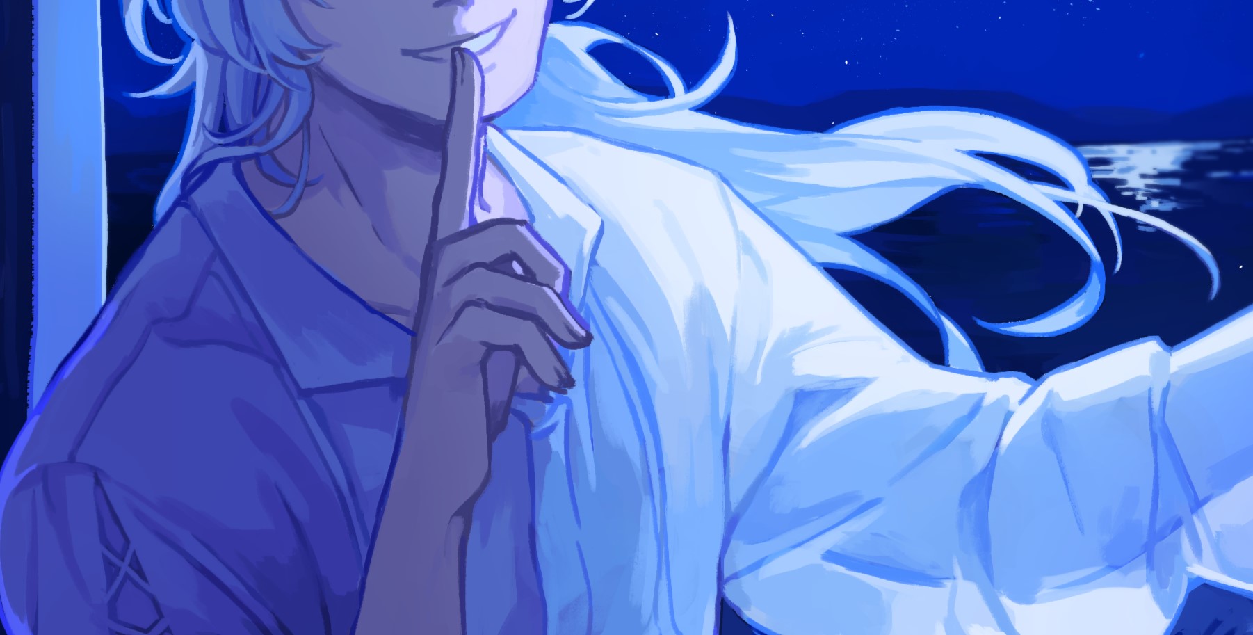 casper (a date with death), a date with death, highres, official art, promotional art, 1boy, blue sky, clear sky, collared shirt, eyes out of frame, facing viewer, finger to mouth, grin, head out of frame, horizon, index finger raised, jellyfish cut, long hair, male focus, mountainous horizon, night, ocean, out of frame, shirt, shushing, sky, smile, solo, star (sky), starry sky, white hair, white shirt, wind
