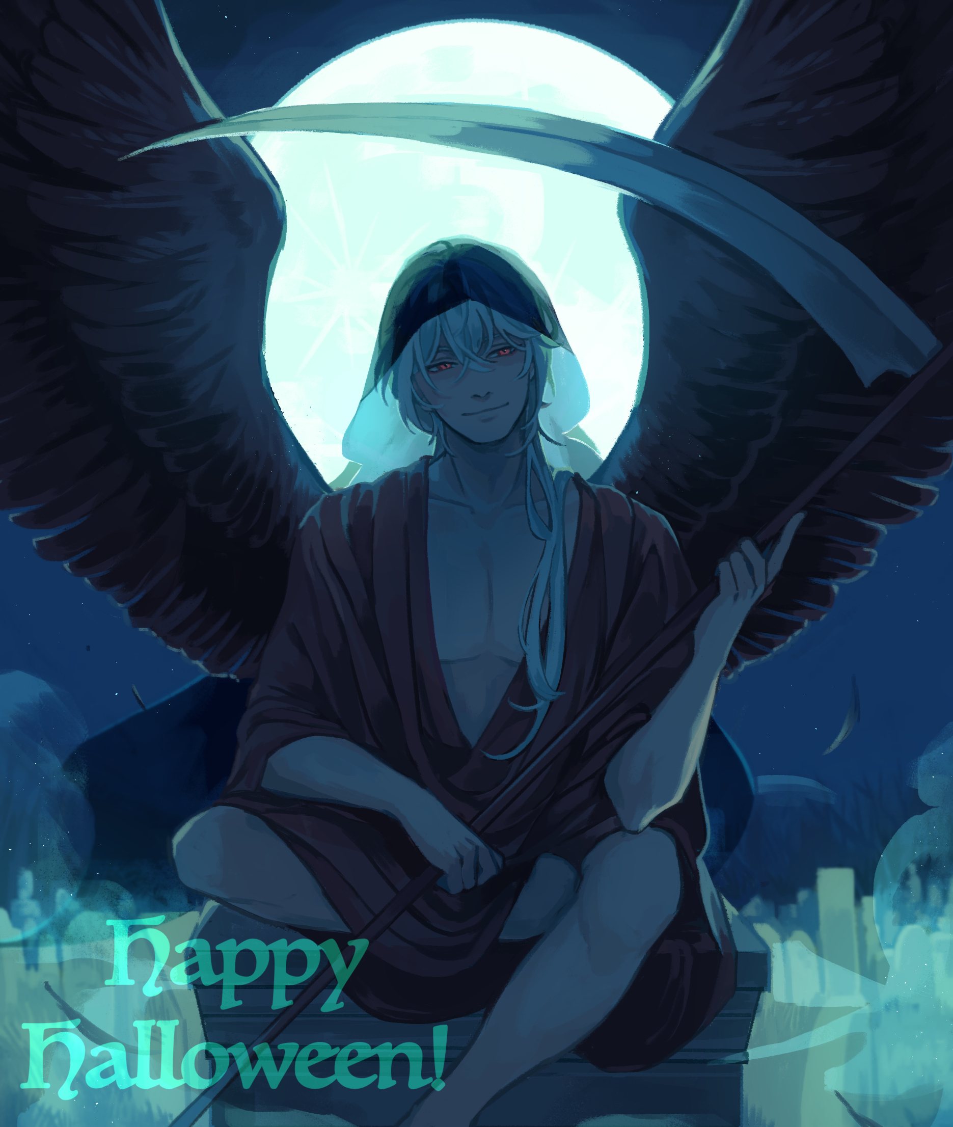 casper (a date with death), a date with death, highres, official art, promotional art, 1boy, alternate costume, black wings, cloak, colored smoke, falling feathers, feathered wings, feathers, figure four sitting, foot out of frame, full body, green theme, hair between eyes, hair over shoulder, happy halloween, head tilt, holding, holding scythe, hood, hood up, hooded cloak, jellyfish cut, looking at viewer, male focus, moon behind head, open clothes, open robe, pectorals, red eyes, red robe, robe, scythe, sitting, smile, smirk, smoke, solo, white hair, wings