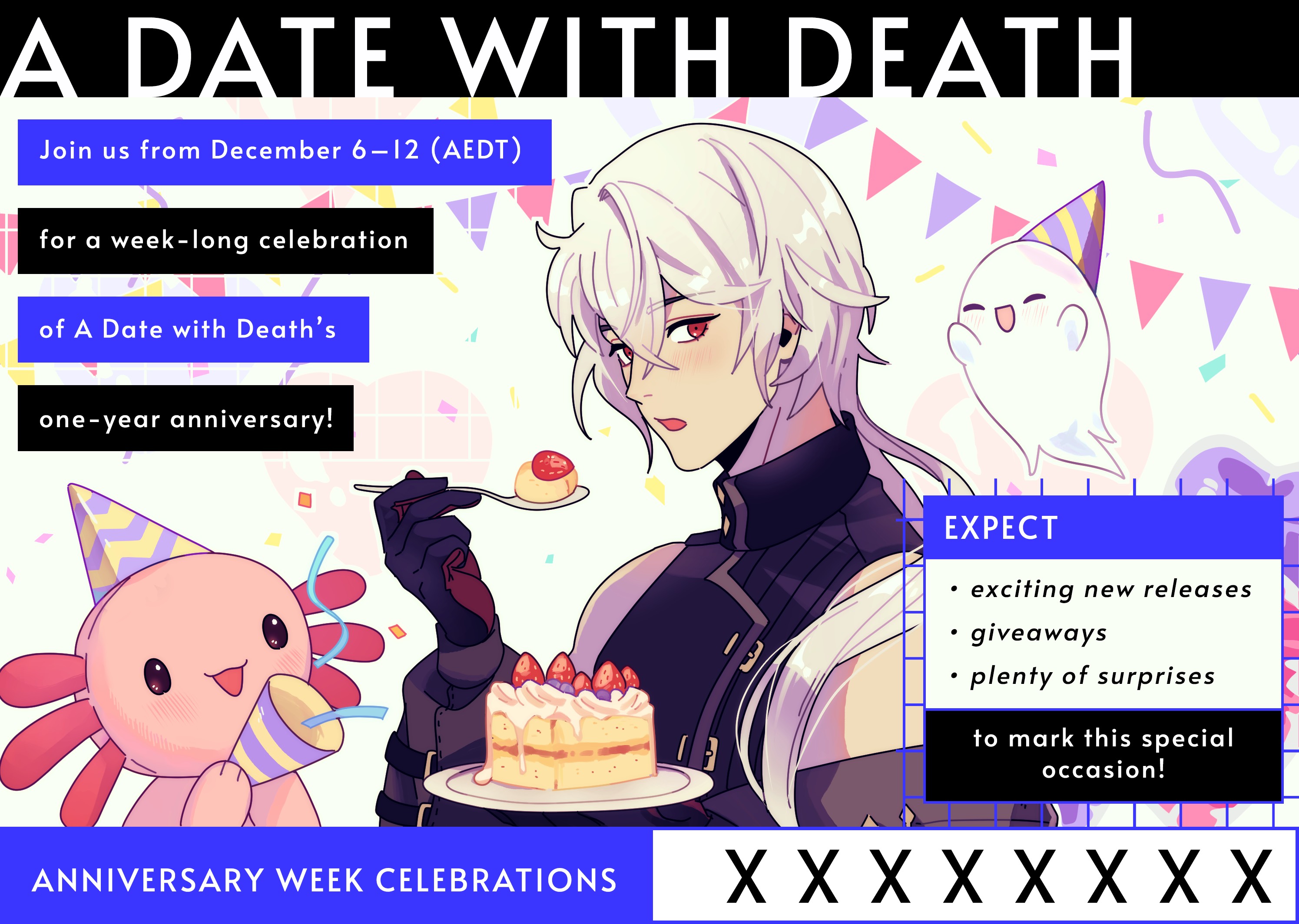 casper (a date with death), a date with death, highres, official art, promotional art, 1boy, :o, anniversary, axolotl, black gloves, black jacket, black shirt, bunting, cake, copyright name, english text, food, ghost, gloves, hair over shoulder, hat, holding, holding plate, holding spoon, imminent bite, jacket, jacket partially removed, jellyfish cut, male focus, party hat, plate, red eyes, shirt, sleeveless, sleeveless shirt, solo, spoon, strawberry shortcake, upper body, white hair