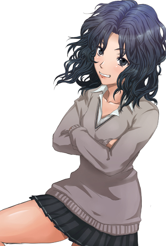 kakuka, yosida komati, tanamachi kaoru, amagami, 1girl, black eyes, black hair, crossed arms, female focus, messy hair, open collar, pleated skirt, school uniform, short hair, skirt, solo, sweater, wavy hair