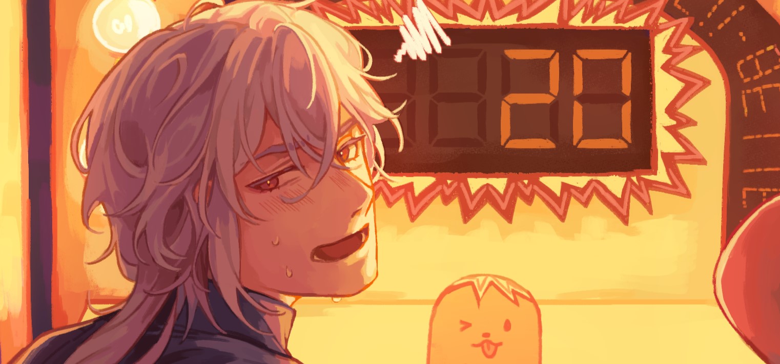 casper (a date with death), a date with death, official art, promotional art, 1boy, aegyo sal, black shirt, clock, digital clock, hair between eyes, high collar, jellyfish cut, light bulb, looking at viewer, looking back, male focus, open mouth, portrait, red eyes, shirt, solo, squiggle, sweatdrop, white hair