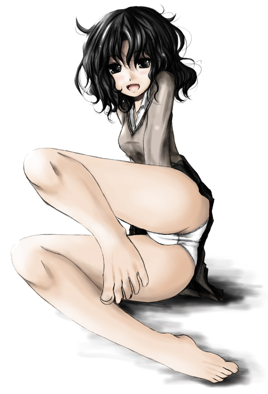 kurona, tanamachi kaoru, amagami, barefoot, black hair, feet, messy hair, open collar, panties, school uniform, short hair, skirt, smile, solo, sweater, toes, underwear