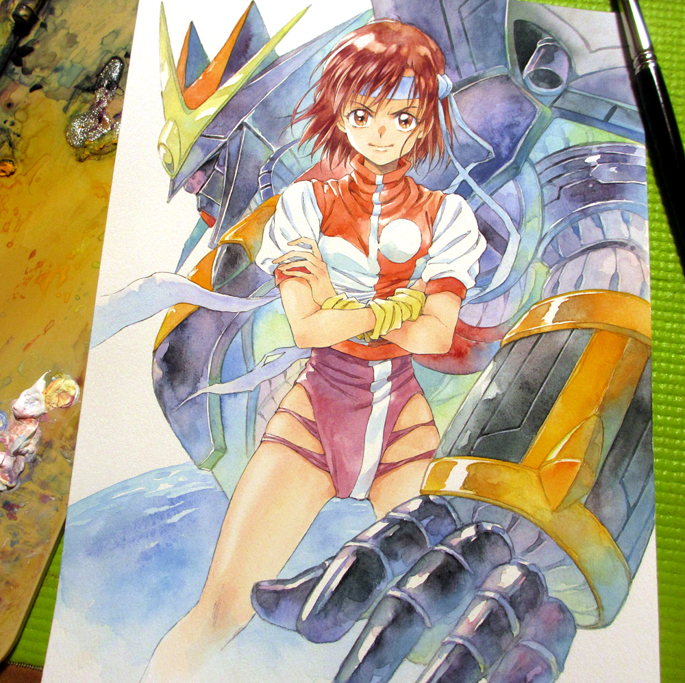 agahari, gunbuster, takaya noriko, top wo nerae!, top wo nerae! (series), commentary request, painting (medium), photo (medium), traditional media, 1girl, arm warmers, art brush, art tools in frame, blue headband, brown eyes, brown hair, closed mouth, clothing cutout, crossed arms, earth (planet), feet out of frame, gunbuster pose, headband, hip vent, legs apart, leotard, mecha, one-eyed, paintbrush, planet, purple eyes, purple leotard, robot, shirt, short hair, short sleeves, smile, standing, thighs, turtleneck, turtleneck shirt, white shirt, yellow arm warmers