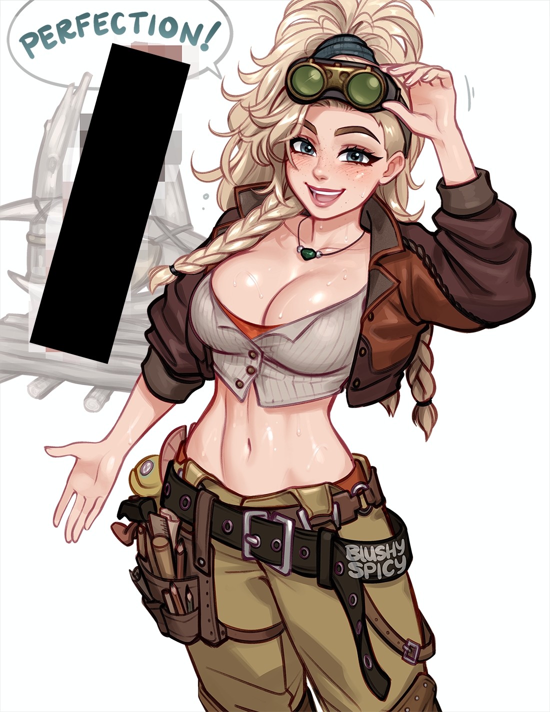 blushyspicy, gemma (monster hunter wilds), monster hunter (series), monster hunter wilds, commentary, english commentary, highres, 1girl, artist name, belt, blonde hair, blue eyes, braid, breasts, censored, cleavage, collarbone, crop top, cropped jacket, english text, freckles, goggles, goggles on head, jewelry, large breasts, long hair, looking at viewer, midriff, multiple braids, navel, necklace, open mouth, simple background, solo, speech bubble, sweat, white background