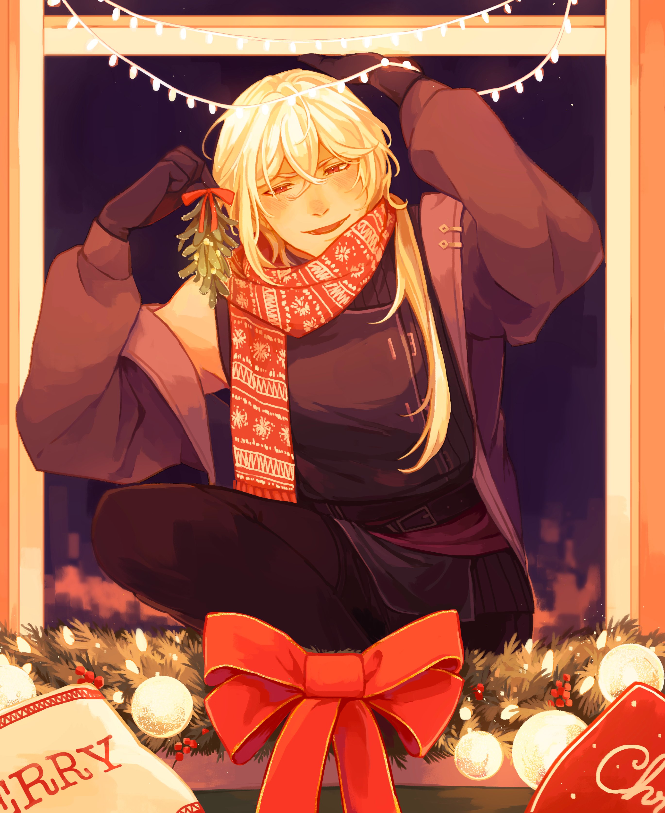 casper (a date with death), a date with death, absurdres, highres, official art, promotional art, 1boy, :d, black gloves, black jacket, black shirt, bow, double-parted bangs, fairy lights, gloves, hair between eyes, hair over shoulder, hand up, holding, holding mistletoe, jacket, jacket partially removed, jellyfish cut, knee up, looking at viewer, male focus, mistletoe, open mouth, open window, red eyes, red scarf, scarf, shirt, sleeveless, sleeveless shirt, smile, solo, white hair, window, wreath