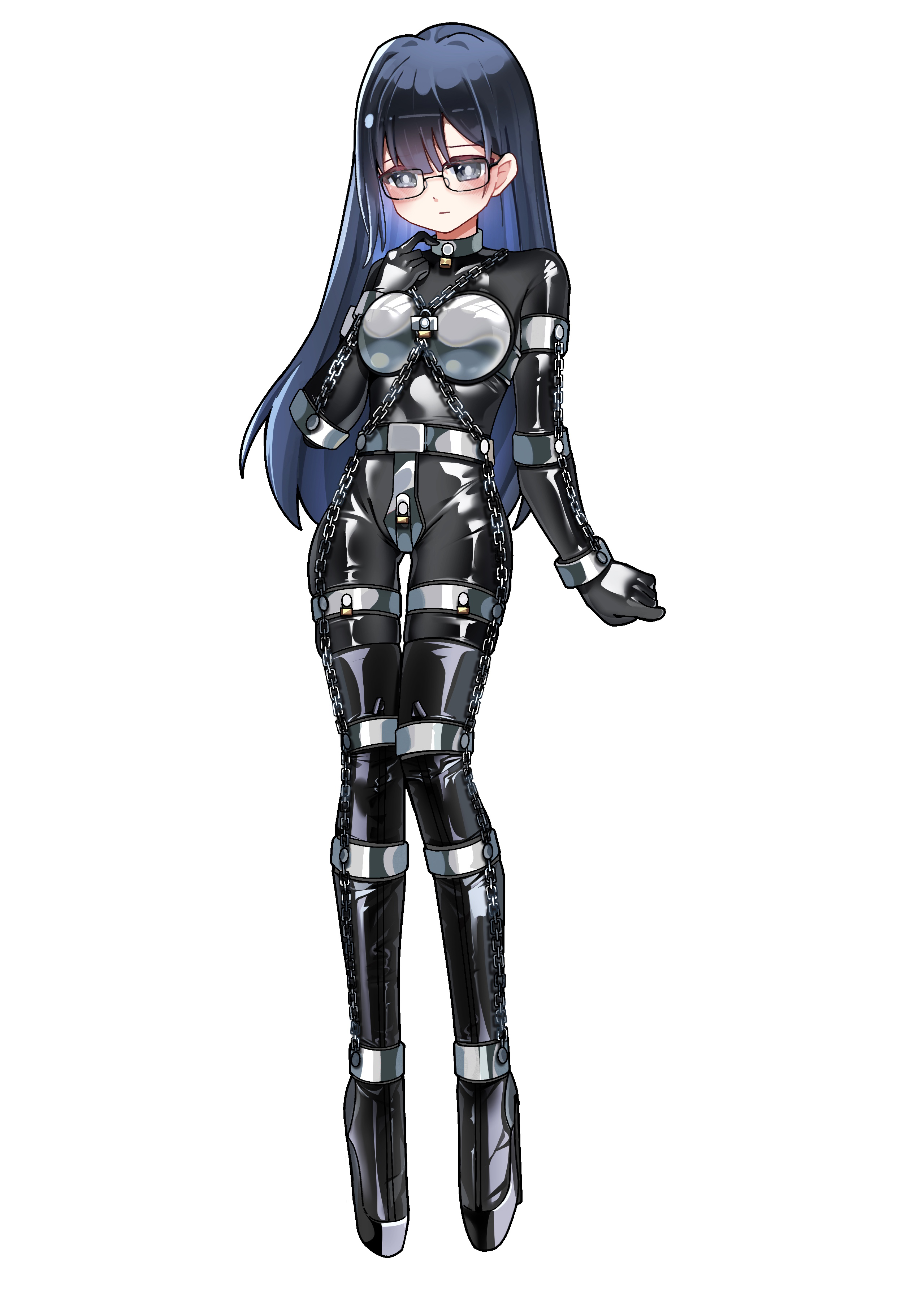 dhy-232, original, absurdres, commission, highres, second-party source, 1girl, ankle cuffs, arm cuffs, ballet boots, black bodysuit, black hair, bodysuit, boots, chain, chastity belt, chastity bra, collar, cuffs, full body, glasses, handcuffs, high heel boots, high heels, latex, latex bodysuit, lock, long hair, metal collar, padlock, pigeon-toed, shiny clothes, solo, standing, thigh boots, thigh cuffs, white background
