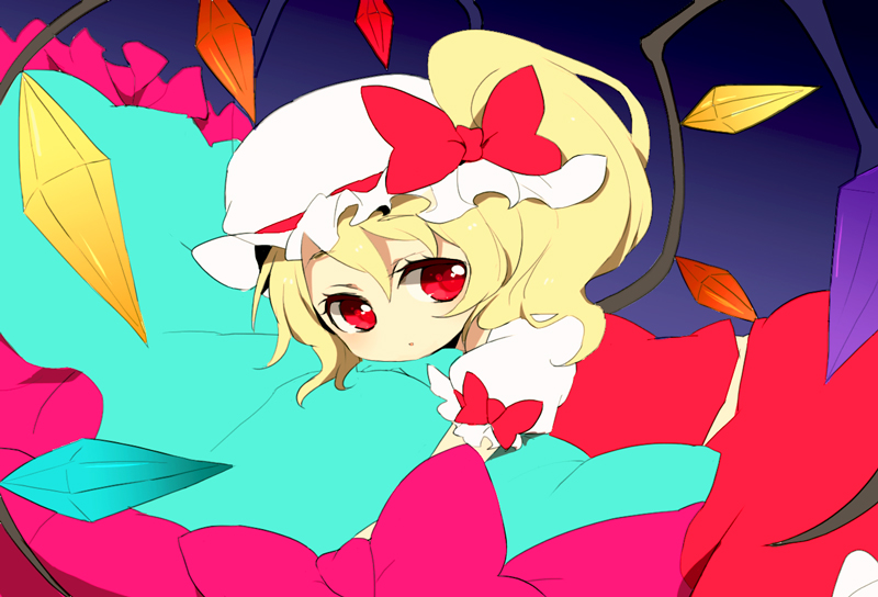 shichi, flandre scarlet, touhou, bad id, bad pixiv id, 1girl, blonde hair, blouse, dress, female focus, from side, hair between eyes, hat, lying, mob cap, red eyes, ribbon, shirt, solo, white hat, white shirt, wings