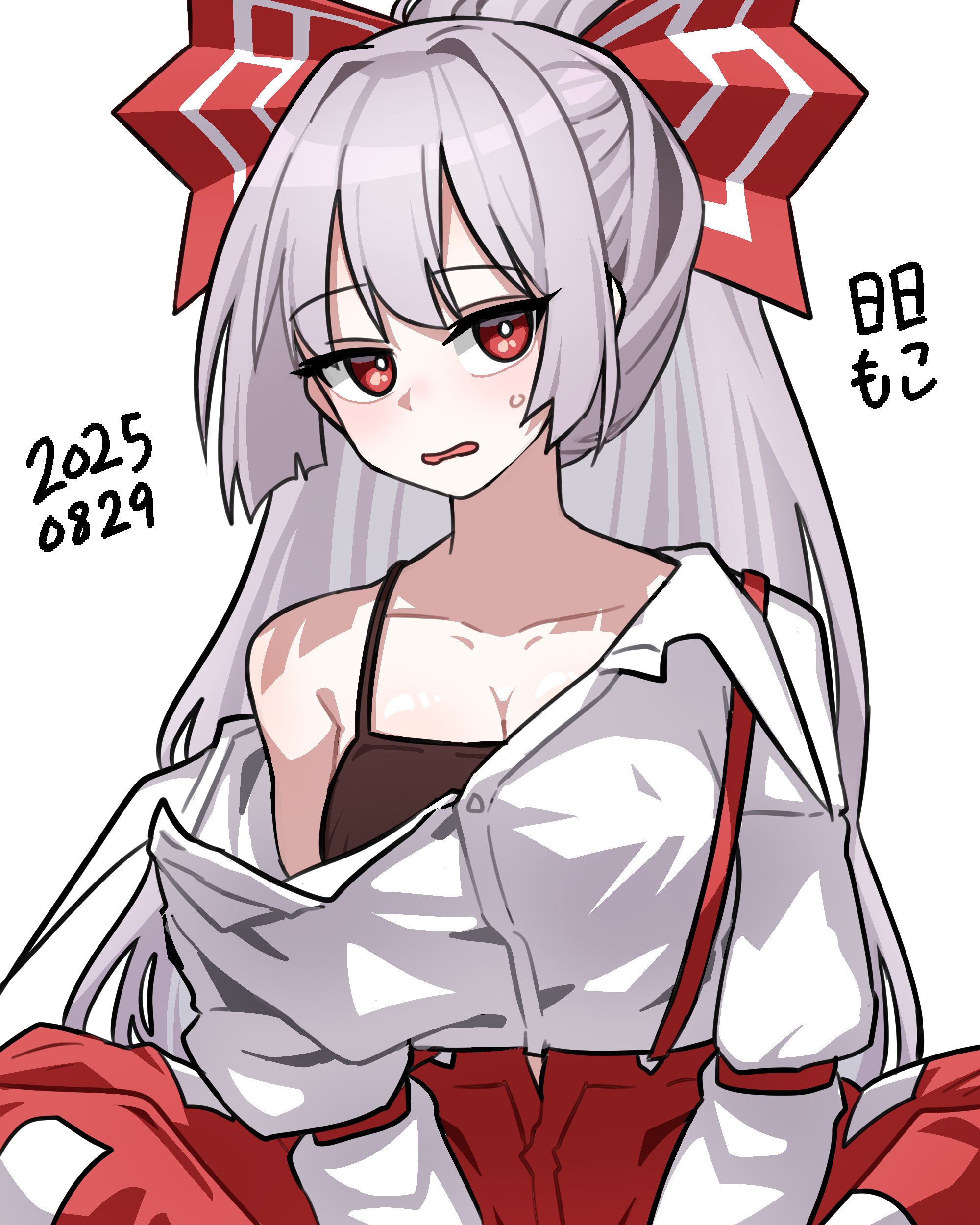neophyte, fujiwara no mokou, touhou, absurdres, commentary request, highres, 1girl, bow, breasts, bright pupils, brown camisole, camisole, cleavage, collared shirt, dated, dot nose, grey hair, hair bow, high ponytail, long hair, open fly, pants, parted lips, ponytail, red bow, red eyes, red pants, red suspenders, shirt, simple background, single off shoulder, sitting, solo, spaghetti strap, suspenders, sweat, transparent background, very long hair, white bow, white pupils, white shirt