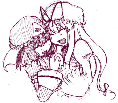 yoicha, saigyouji yuyuko, yakumo yukari, touhou, lowres, non-web source, 2girls, cheek-to-cheek, closed eyes, female focus, hat, heads together, holding hands, long hair, monochrome, multiple girls, open mouth, purple theme, short hair, sketch, smile