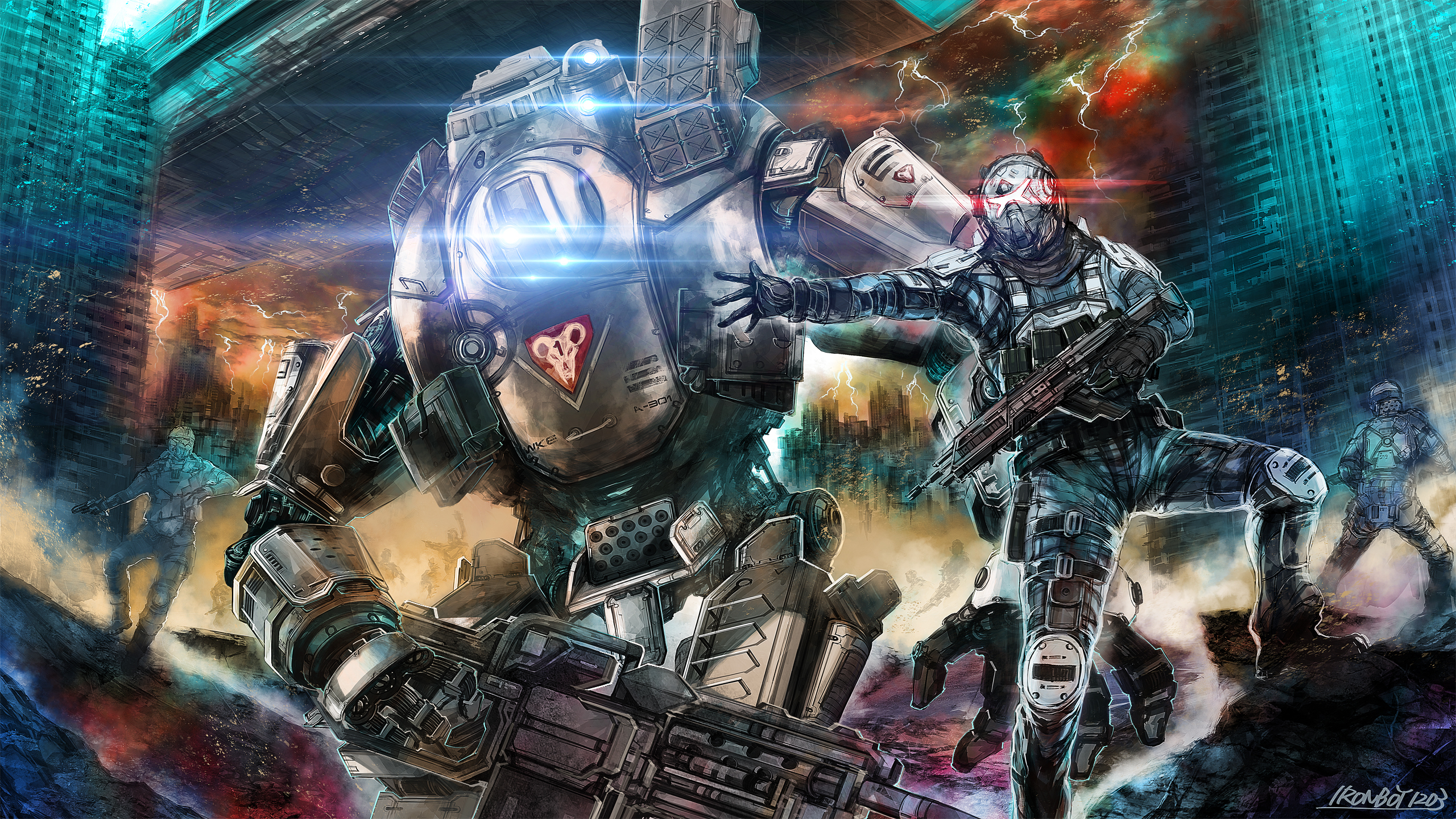 airon (ironboy1203), atlas (titanfall), titanfall, titanfall (series), highres, assault rifle, blue eyes, building, city, glowing, glowing eyes, gun, humanoid robot, insignia, machine, male focus, mecha, military, multiple boys, r-101c carbine, rifle, robot, science fiction, titan (titanfall), war, weapon, xo chaingun
