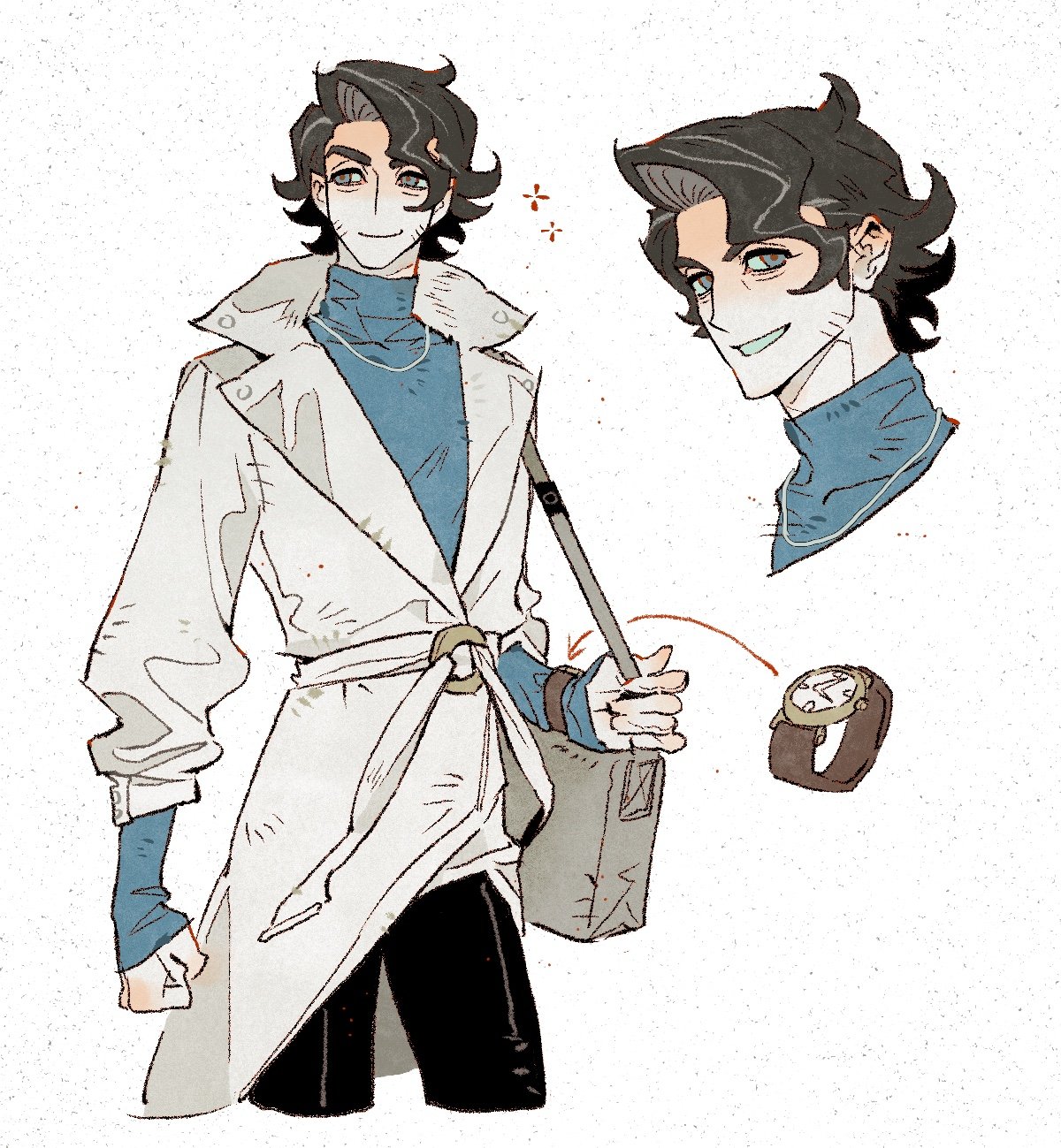 luye unknows, professor sycamore, nintendo, pokemon, pokemon xy, commentary, commentary request, english commentary, highres, mixed-language commentary, 1boy, bag, belt, black hair, black pants, blue eyes, blue shirt, closed mouth, coat, cropped legs, cropped shoulders, grey hair, holding, holding bag, jewelry, lapels, long sleeves, male focus, multicolored hair, multiple views, necklace, notched lapels, o-ring, o-ring belt, pants, parted hair, shirt, short hair, shoulder bag, smile, streaked hair, teeth, turtleneck, watch, wavy hair, white coat, wristwatch