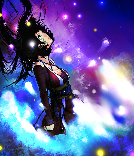 mikoto (artist), mikoto (wwe07), original, 1girl, black hair, blue eyes, breasts, cleavage, falling, female focus, lips, solo
