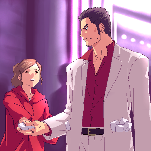 zen, kiryu kazuma, ryuu ga gotoku (series), lowres, 1boy, 1girl, formal clothes, suit, tissue