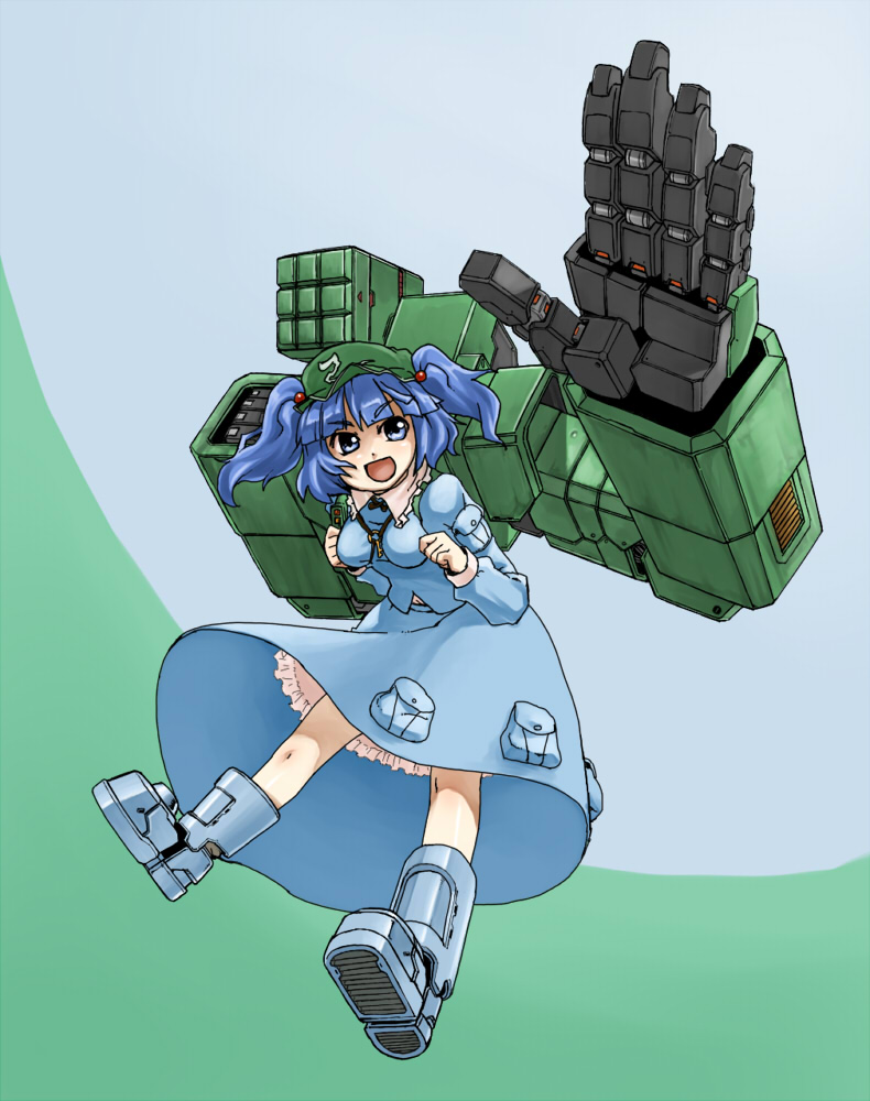 fenne, phenne, kawashiro nitori, touhou, 1girl, :d, backpack, bag, blue eyes, blue hair, boots, female focus, hair bobbles, hair ornament, hat, key, matching hair/eyes, mechanical arms, open mouth, pocket, randoseru, short hair, single mechanical arm, smile, solo, twintails, two side up