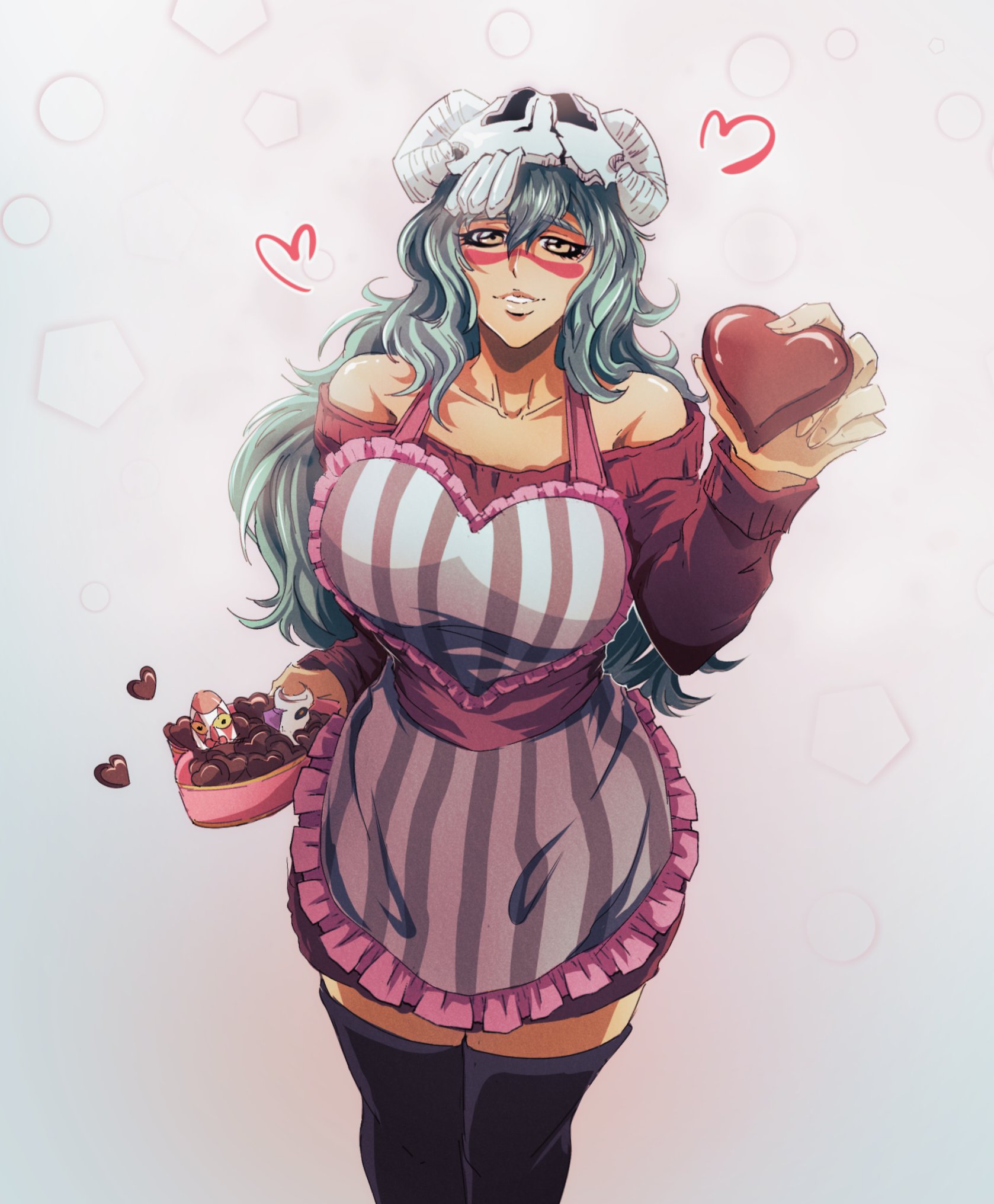 veeepawoon, nelliel tu odelschwanck, bleach, bleach: brave souls, 1girl, apron, bare shoulders, black thighhighs, breasts, chocolate, collarbone, espada, facial mark, female focus, green hair, large breasts, long hair, mask, mask on head, official alternate costume, simple background, skull on head, solo, thighhighs