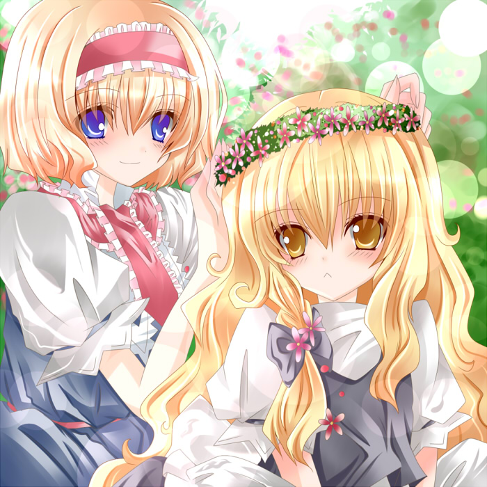 nanase nao, alice margatroid, kirisame marisa, touhou, bad id, bad pixiv id, 2girls, :<, blonde hair, blue eyes, female focus, hairband, multiple girls, short hair, yellow eyes