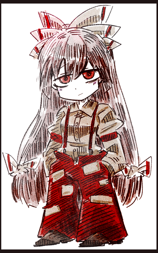 suenari (peace), fujiwara no mokou, touhou, 1girl, absurdly long hair, arm garter, blush, blush stickers, bow, brown shoes, closed mouth, collar, deformed, hair between eyes, hair bow, hands in pockets, long hair, long sleeves, pants, red eyes, red pants, shirt, shoes, simple background, smile, solo, standing, suspenders, very long hair, white background, white bow, white collar, white hair, white shirt