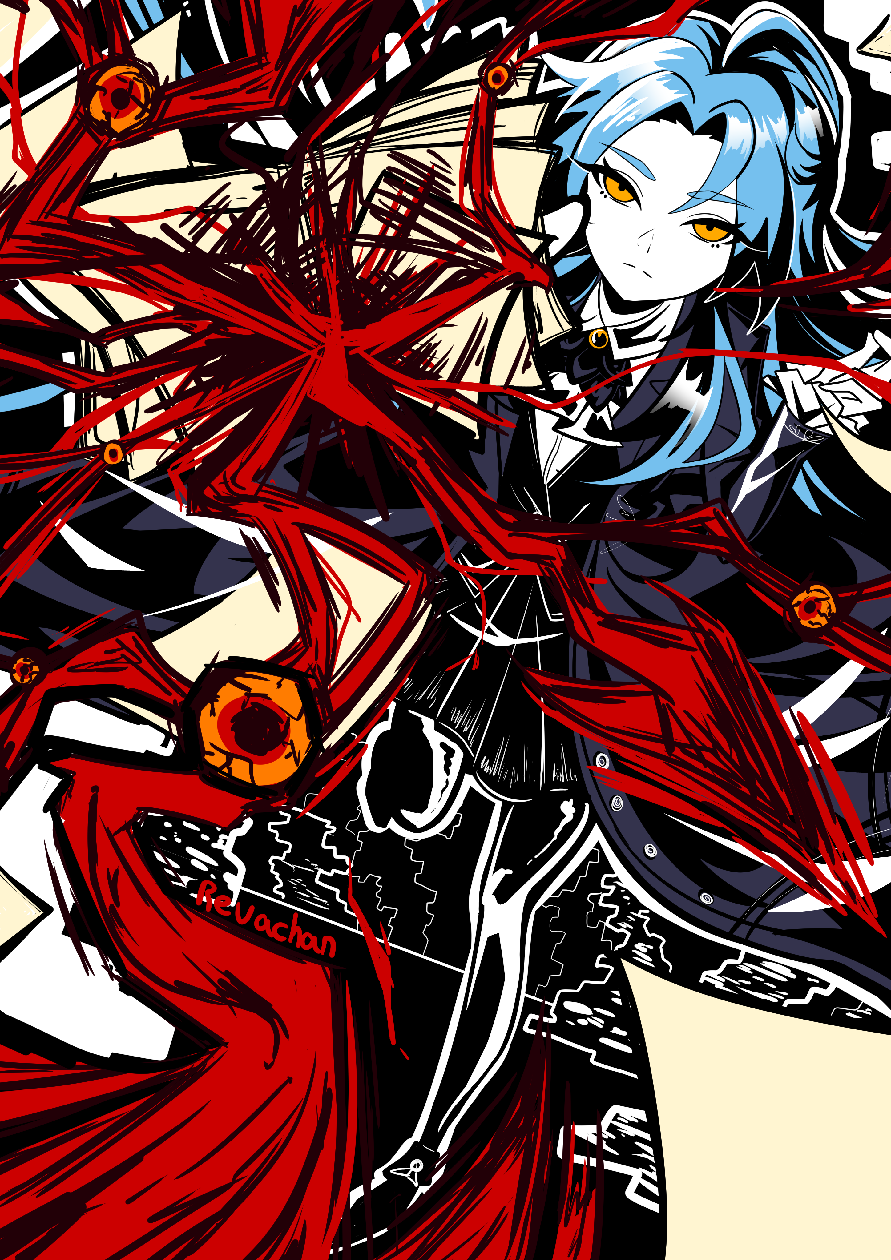 angela (project moon), the burrowing heaven, library of ruina, project moon, absurdres, highres, 1girl, black pants, black skirt, blue coat, blue eyes, book, coat, collared shirt, frilled sleeves, frills, lapels, long hair, looking at viewer, notched lapels, pants, parted bangs, pleated skirt, revachan, shirt, skirt, solo, very long hair, white background, white shirt, yellow eyes