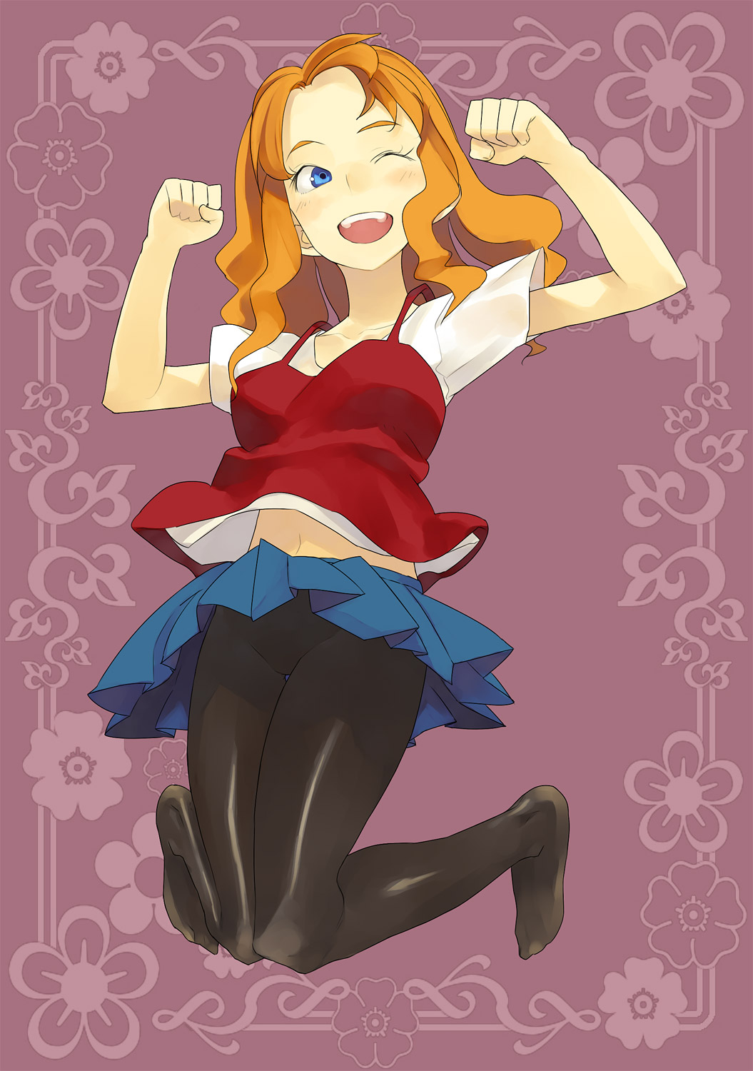 hama (22ji kara 24ji), original, highres, 1girl, blonde hair, blue eyes, blush, camisole, female focus, happy, jumping, midriff, one eye closed, orange hair, pantyhose, pleated skirt, shirt, skirt, solo, t-shirt, upskirt, wavy hair, wink