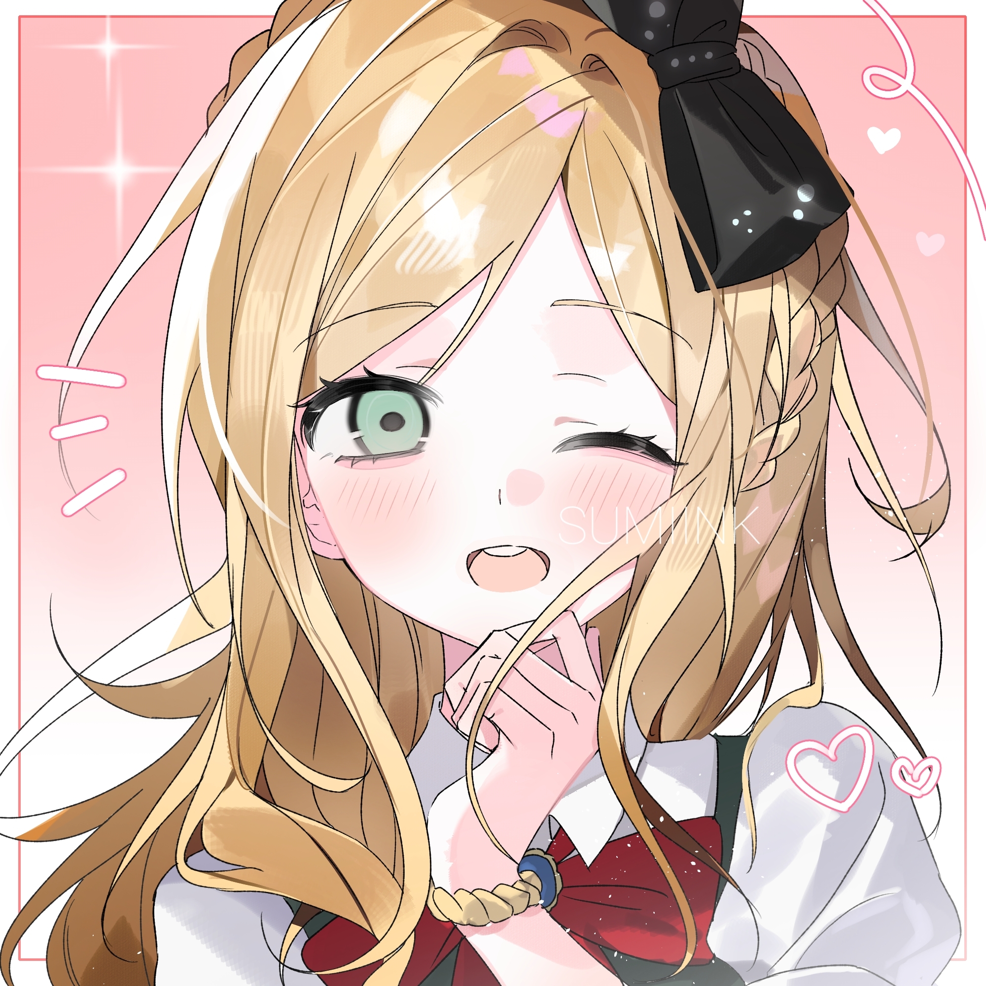sonia nevermind, danganronpa (series), danganronpa 2: goodbye despair, artist request, commission, highres, second-party source, 1girl, black bow, black vest, blonde hair, bow, bowtie, bracelet, green eyes, hair bow, jewelry, looking at viewer, one eye closed, portrait, puffy sleeves, red bow, red bowtie, shirt, solo, vest, white shirt