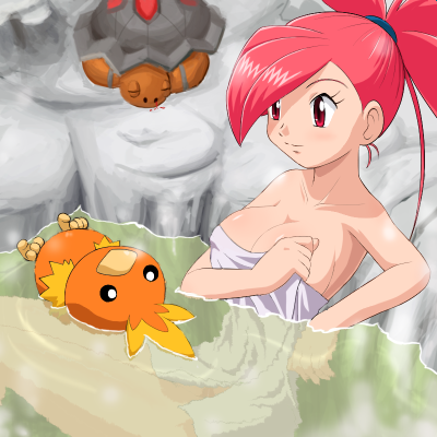 pokemoa, flannery (pokemon), torchic, torkoal, nintendo, pokemon, pokemon rse, lowres, 00s, 1girl, bare shoulders, bath, blood, breasts, cleavage, gen 3 pokemon, gym leader, large breasts, naked towel, nosebleed, onsen, pink hair, pokemon (creature), ponytail, red eyes, sitting, smile, towel, water