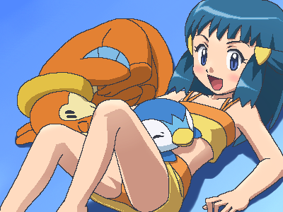 buizel, dawn (pokemon), piplup, nintendo, pokemon, pokemon (anime), pokemon dp047, pokemon dppt (anime), lowres, 1girl, alternate costume, bikini, bikini skirt, blue background, blue eyes, blue hair, closed eyes, flat chest, gen 4 pokemon, gradient background, hair ornament, half updo, long hair, looking at viewer, lying, oekaki, on back, on side, on stomach, orange bikini, pokemon (creature), shadow, sleeping, swimsuit, tankini, upskirt, yellow bikini