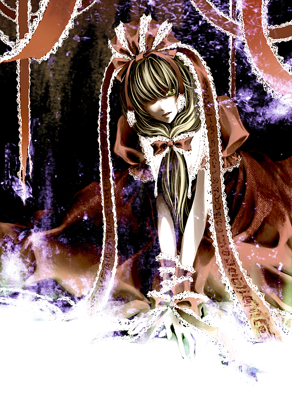 mochinue, kagiyama hina, touhou, 1girl, female focus, frills, green eyes, green hair, hair ribbon, kneeling, matching hair/eyes, ribbon, solo