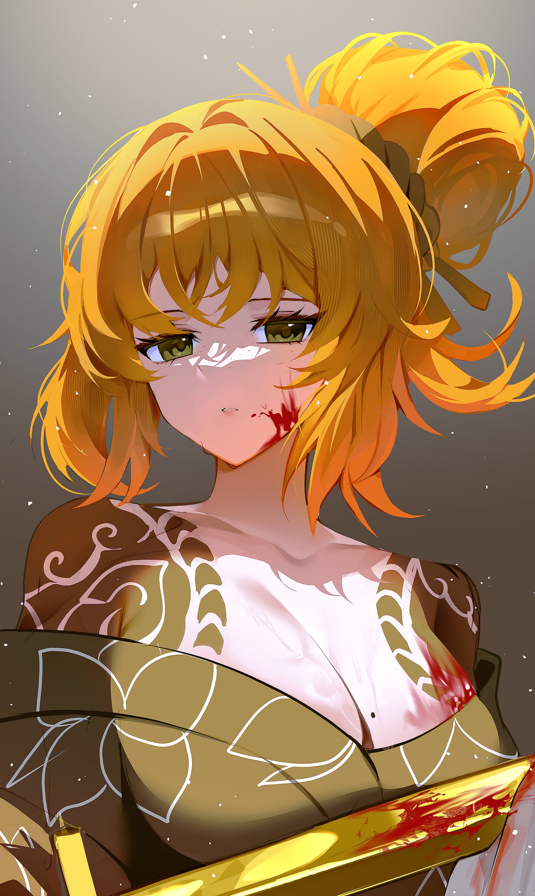 hi i dubu, ishmael (project moon), limbus company, project moon, absurdres, highres, 1girl, black kimono, blood, blood on breasts, blood on face, breasts, cleaning sword, cleavage, hair bun, japanese clothes, katana, kimono, kurokumo clan (identity) (project moon), large breasts, light particles, looking at viewer, mole, mole on breast, off shoulder, orange hair, solo, sword, upper body, weapon