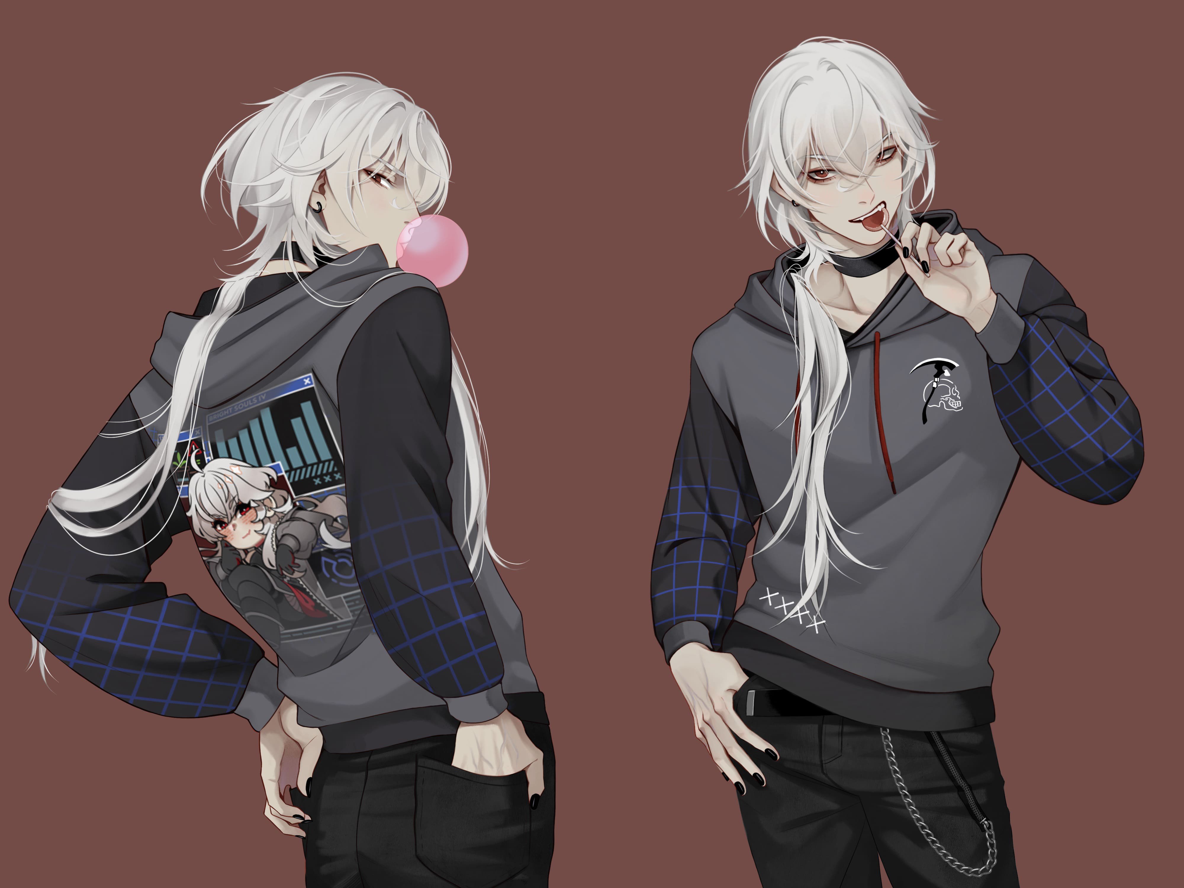 casper (a date with death), a date with death, absurdres, highres, official art, promotional art, 1boy, black jacket, black nails, blowing bubble gum, candy, chewing gum, contrapposto, cowboy shot, food, front and back, grid print, hair over shoulder, hand in pocket, hood, hood down, jacket, jellyfish cut, lollipop, looking at viewer, looking back, male focus, print jacket, red eyes, sharp teeth, solo, standing, teeth, white hair