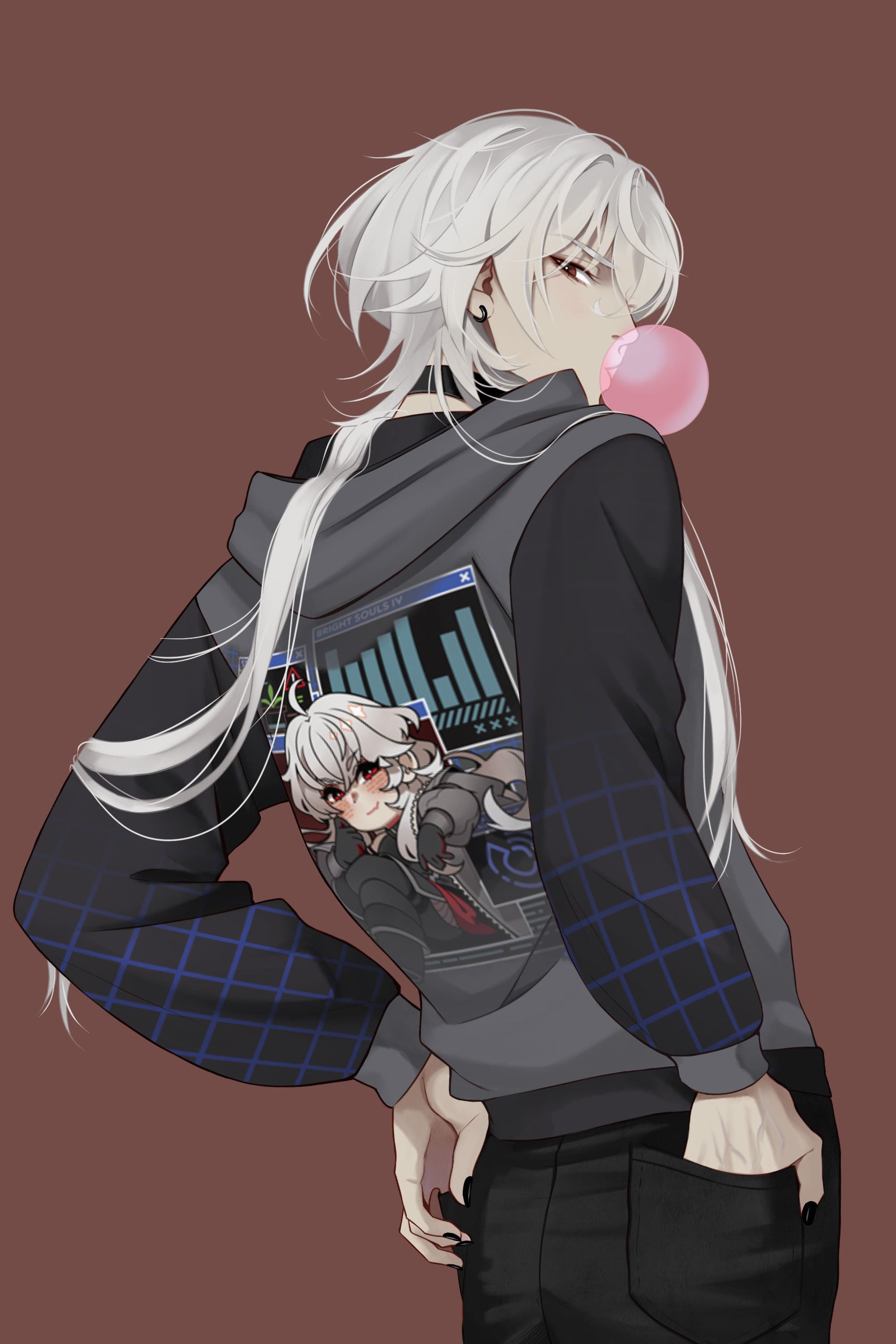 casper (a date with death), a date with death, absurdres, highres, official art, promotional art, variant set, 1boy, black jacket, black nails, blowing bubble gum, chewing gum, contrapposto, cowboy shot, grid print, hand in pocket, hood, hood down, jacket, jellyfish cut, looking at viewer, looking back, male focus, print jacket, red eyes, solo, standing, white hair