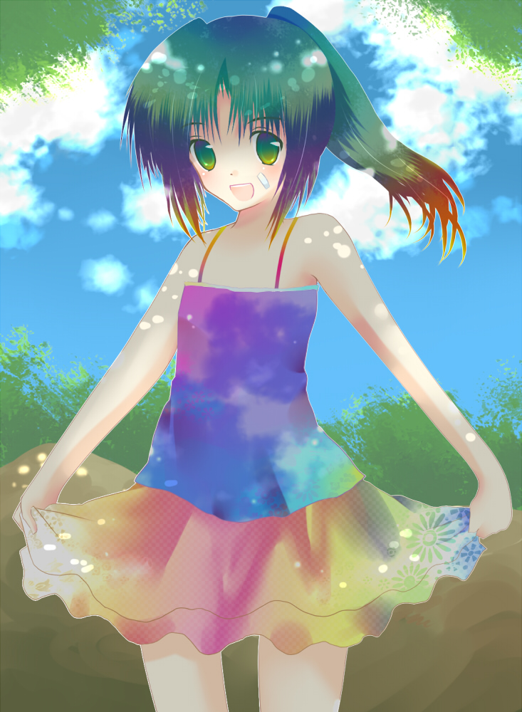 amadukijou, amazuki jou, sonozaki mion, higurashi no naku koro ni, bad id, bad pixiv id, 00s, 1girl, bandages, bandaid, bare shoulders, female focus, green eyes, green hair, matching hair/eyes, multicolored hair, open mouth, ponytail, skirt, solo