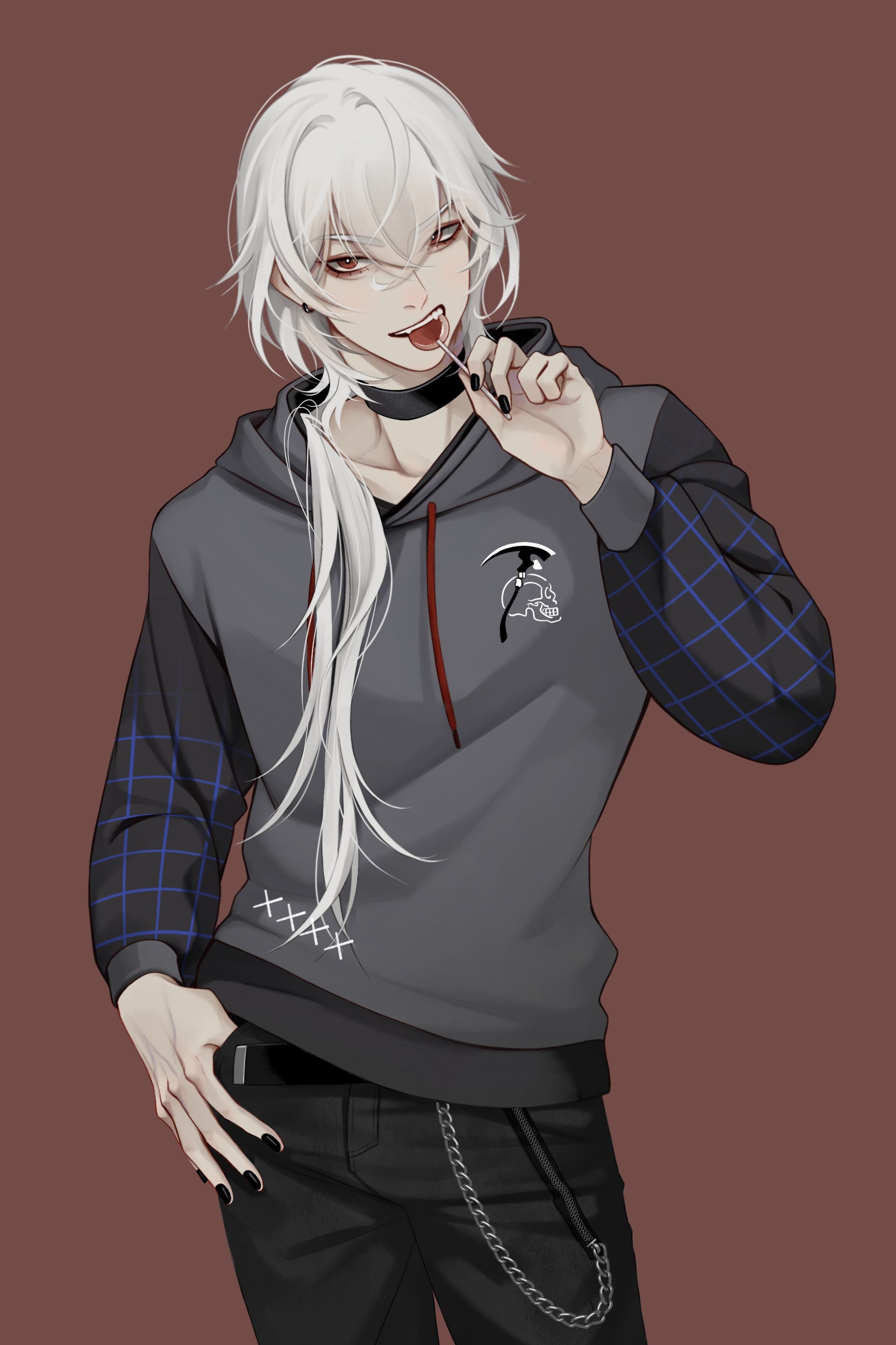 casper (a date with death), a date with death, absurdres, highres, official art, promotional art, variant set, 1boy, black jacket, candy, contrapposto, cowboy shot, food, grid print, hair over shoulder, hand in pocket, hood, hood down, jacket, jellyfish cut, lollipop, looking at viewer, male focus, red eyes, sharp teeth, solo, standing, teeth, white hair