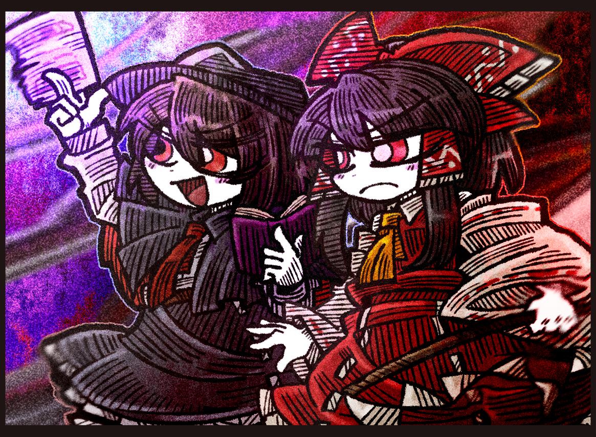 suenari (peace), hakurei reimu, usami renko, touhou, 2girls, :d, amulet, ascot, belt, black capelet, black hair, black hat, black skirt, blush stickers, book, bow, brown belt, brown hair, capelet, collar, detached sleeves, frown, gohei, hair bow, hair tubes, hat, holding, holding book, holding gohei, long sleeves, medium hair, multiple girls, necktie, open mouth, red bow, red eyes, red shirt, red skirt, shirt, short hair, skirt, sleeve cuffs, smile, socks, white collar, white shirt, white sleeves, white socks, yellow ascot