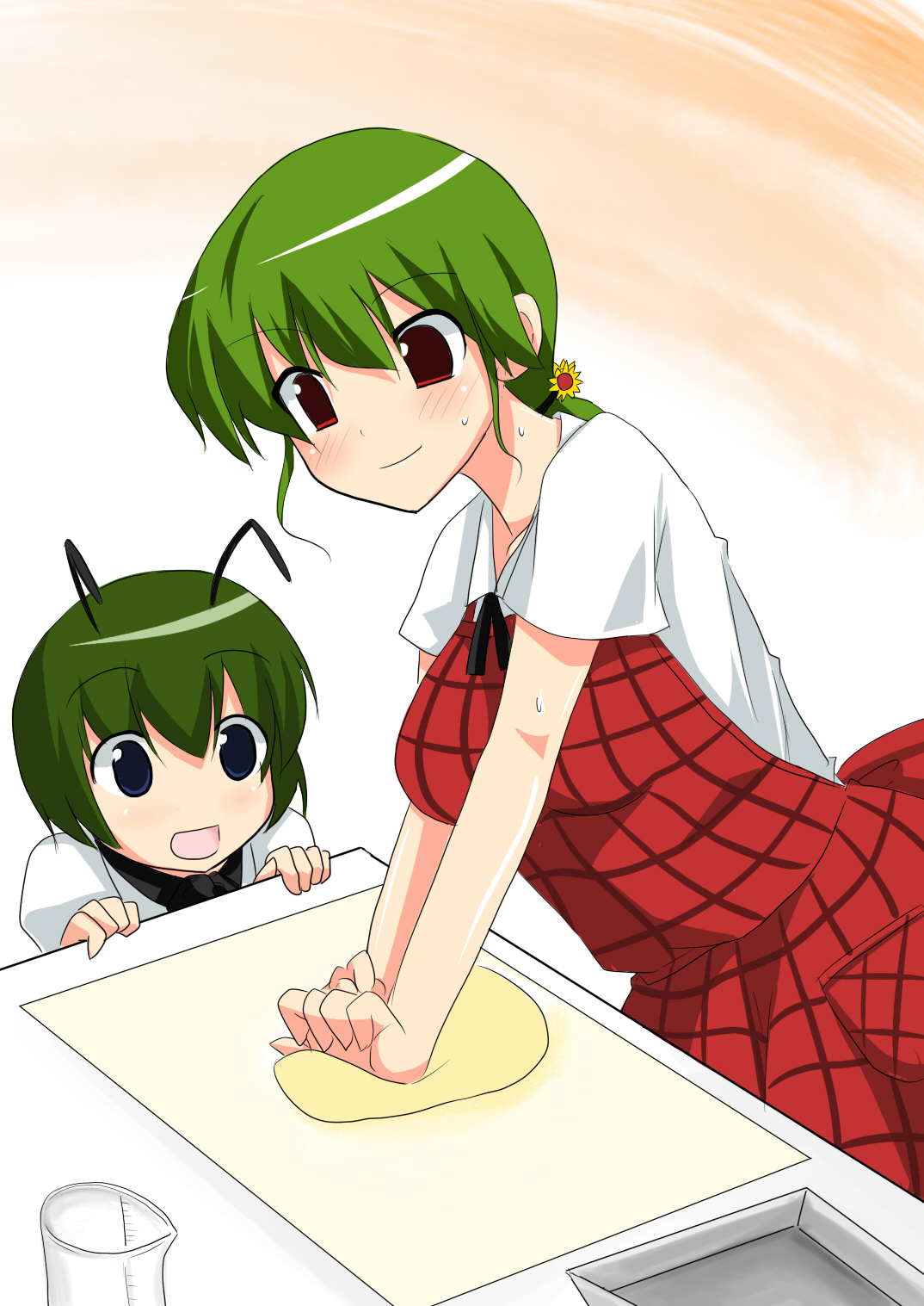 morino harifu, kazami yuuka, wriggle nightbug, touhou, highres, 2girls, alternate hairstyle, antennae, child, cooking, green hair, kitchen, multiple girls, ponytail, sweat